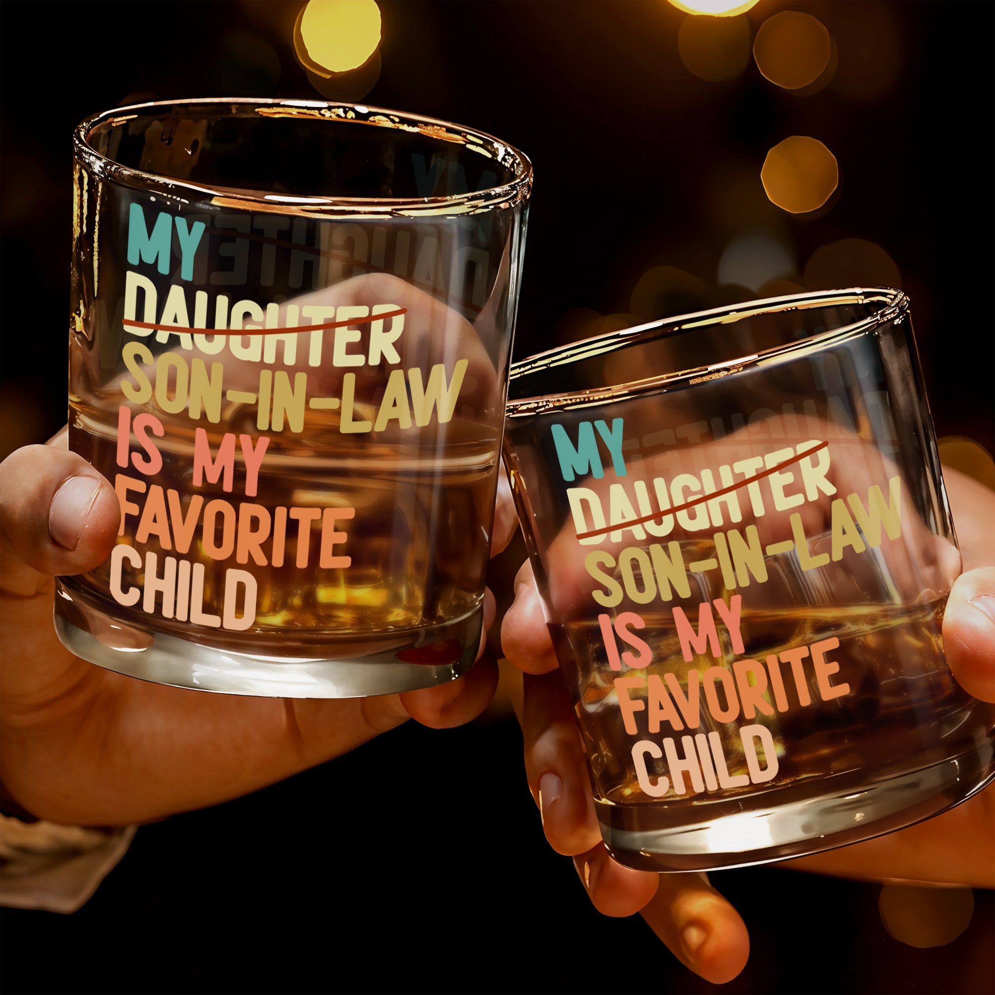 My Son-In-Law Is My Favorite Child Colorful Retro Typography - Personalized Custom Whiskey Glass - SILA125_RWG