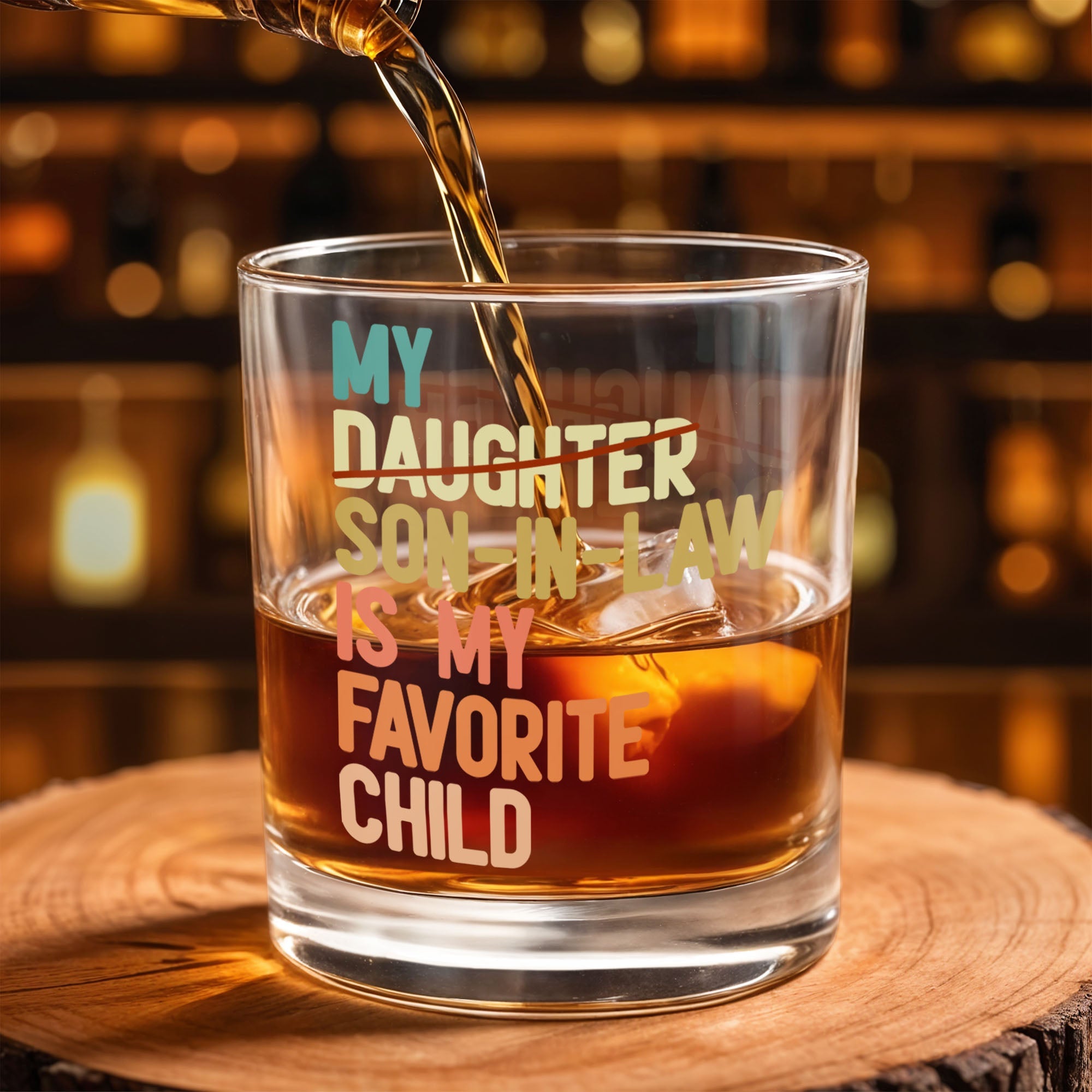 My Son-In-Law Is My Favorite Child Colorful Retro Typography - Personalized Custom Whiskey Glass - SILA125_RWG