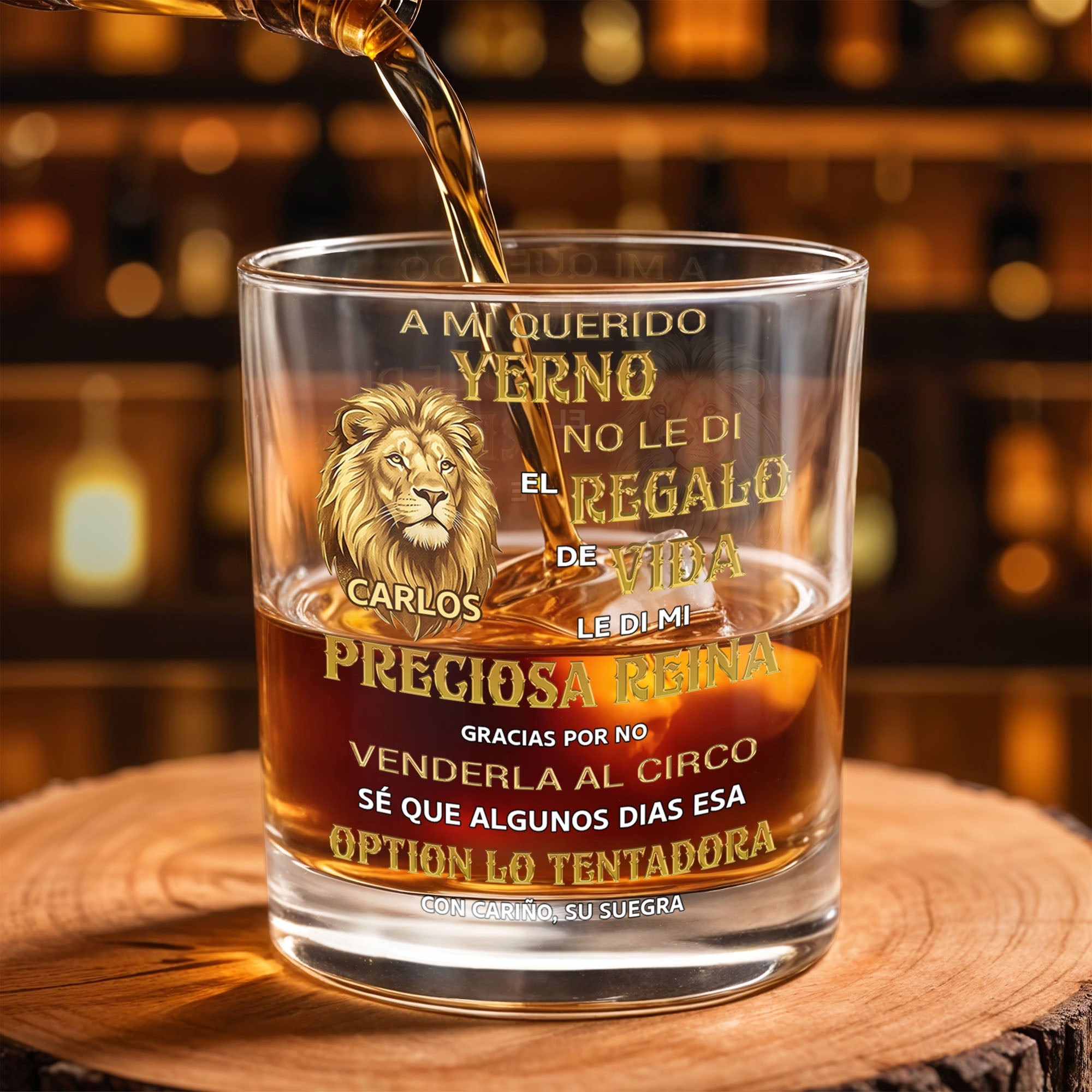 A Mi Querido Yerno Golden Lion Personalized Message For Son In Law - Personalized Custom Whiskey Glass - SILA128_RWG