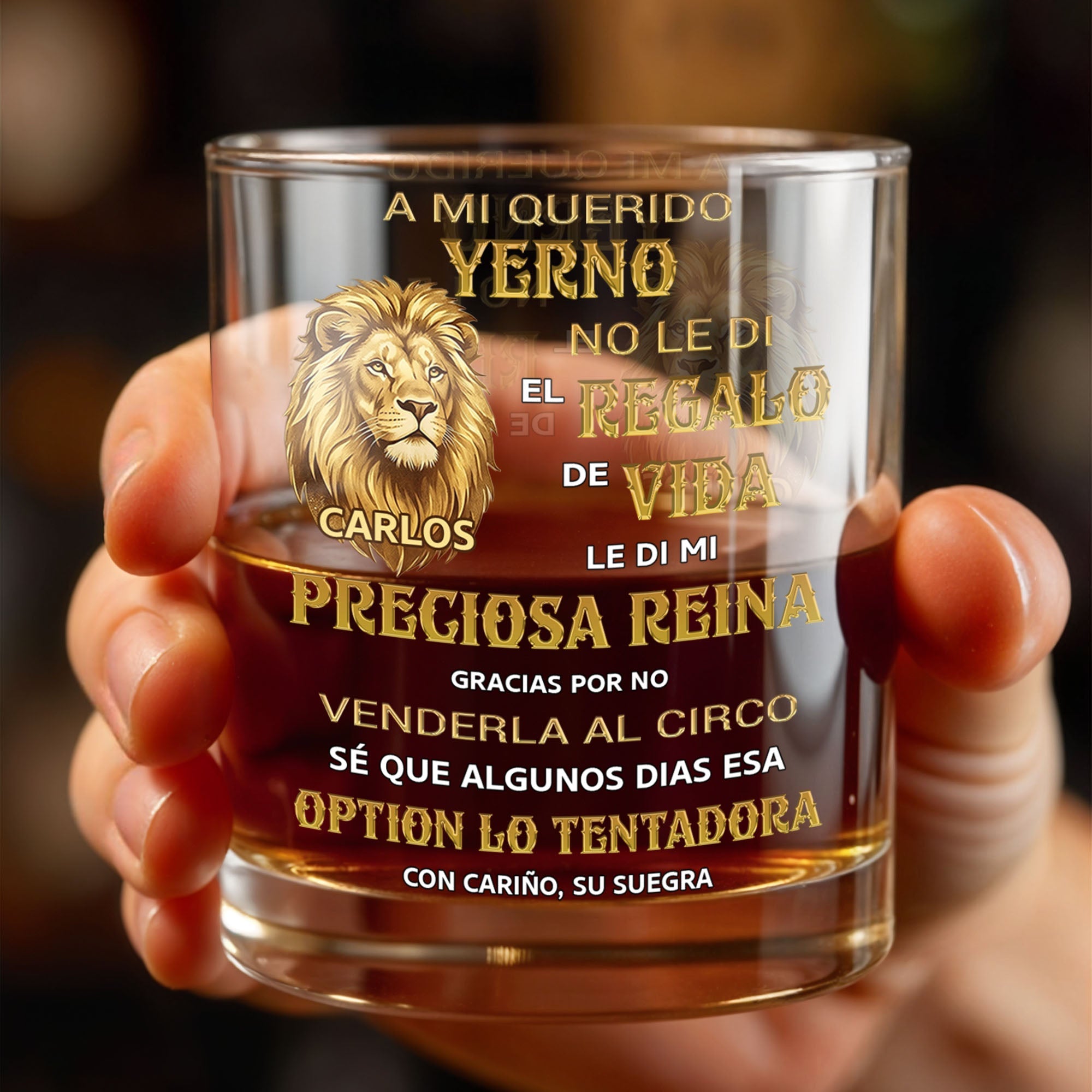 A Mi Querido Yerno Golden Lion Personalized Message For Son In Law - Personalized Custom Whiskey Glass - SILA128_RWG