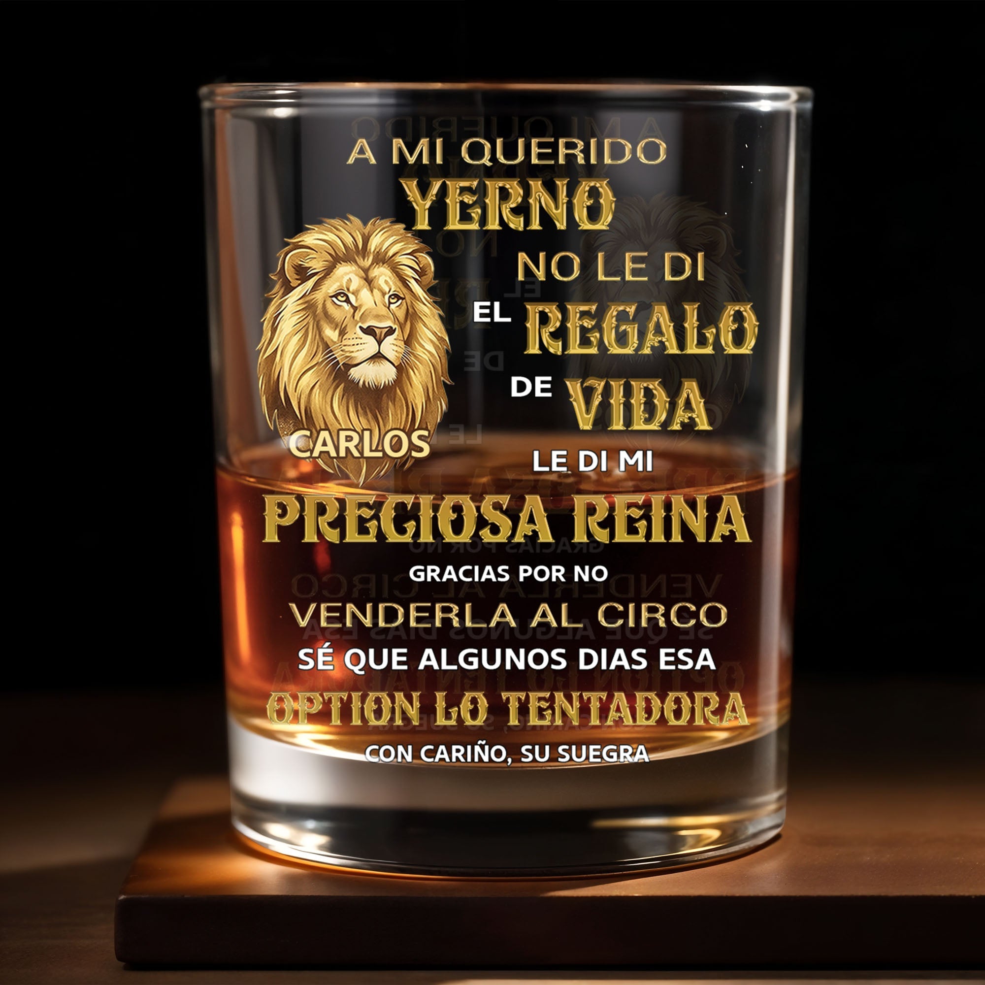 A Mi Querido Yerno Golden Lion Personalized Message For Son In Law - Personalized Custom Whiskey Glass - SILA128_RWG