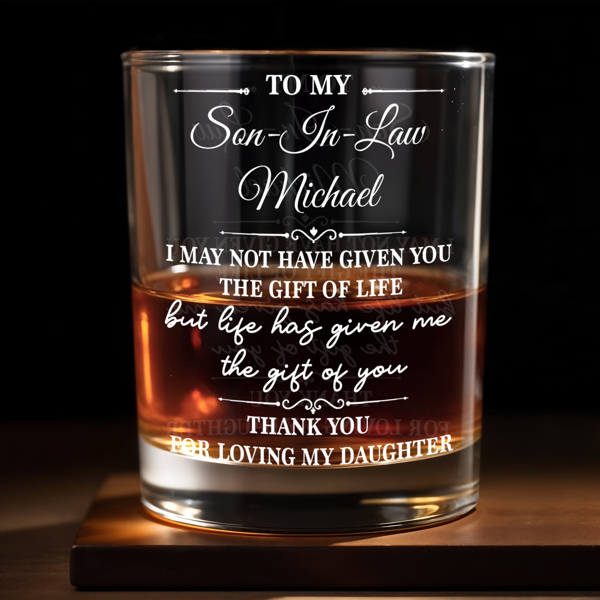To My Son In Law Life Has Given Me The Gift Of You Loving My Daughter - Personalized Custom Whiskey Glass - SILA130_RWG