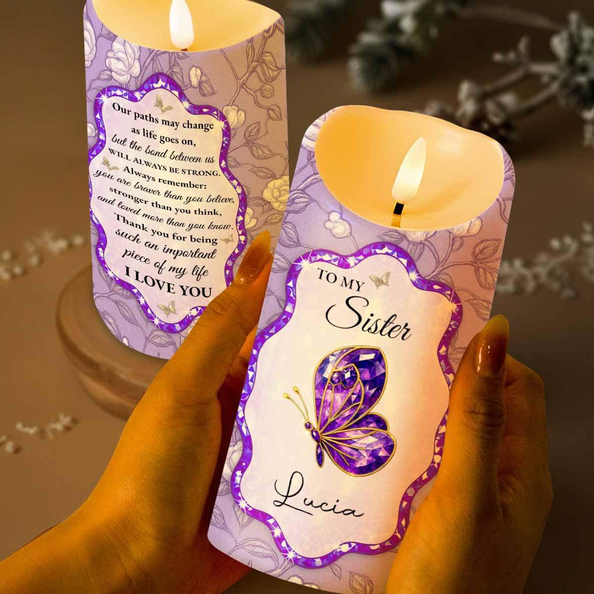To My Sister, Beautiful Butterfly And Flower Design - Personalized Custom LED Candle - SIS007_LECA