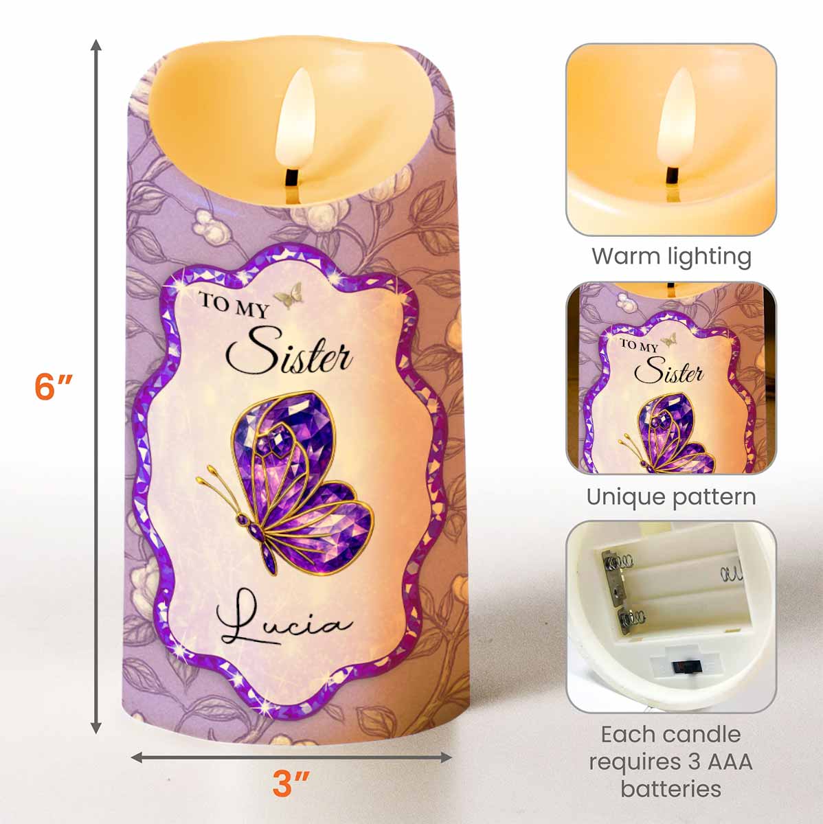 To My Sister, Beautiful Butterfly And Flower Design - Personalized Custom LED Candle - SIS007_LECA