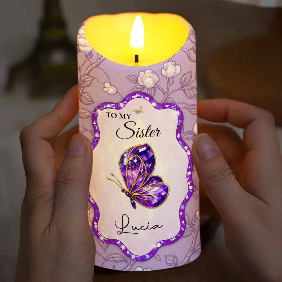 To My Sister, Beautiful Butterfly And Flower Design - Personalized Custom LED Candle - SIS007_LECA