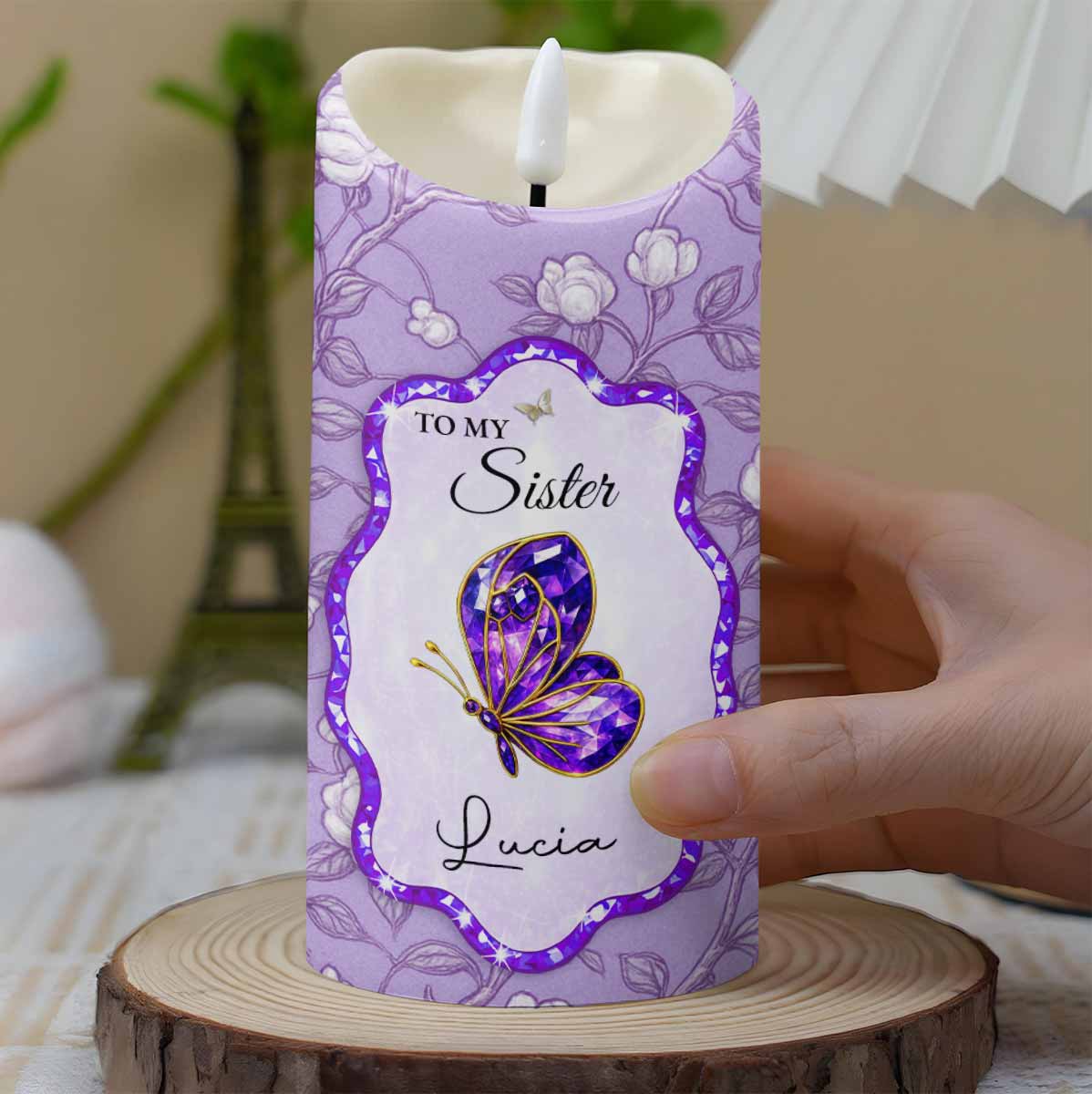 To My Sister, Beautiful Butterfly And Flower Design - Personalized Custom LED Candle - SIS007_LECA