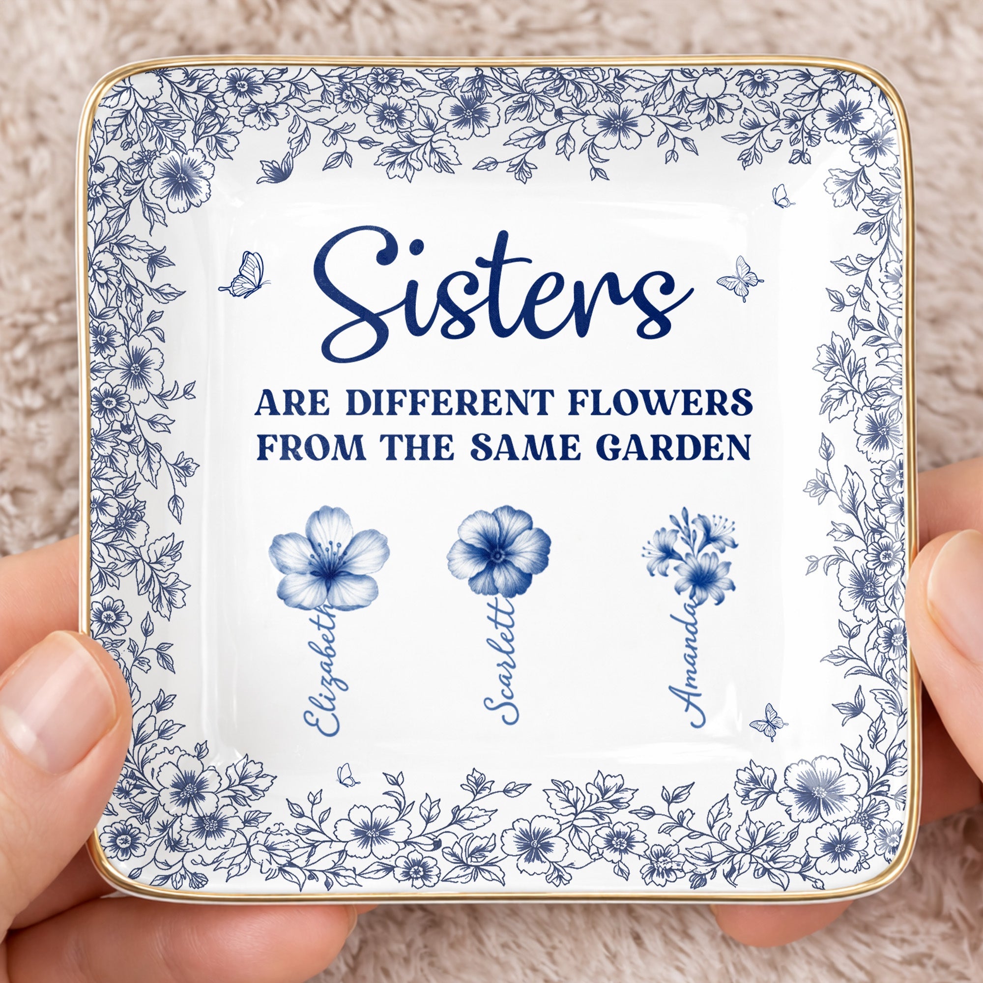 Sisters Are Different Flowers From The Same Garden Personalized Birth Flowers - Personalized Custom Jewelry Dish, Ceramic Dish, Square Shape - SIS008_SCRF