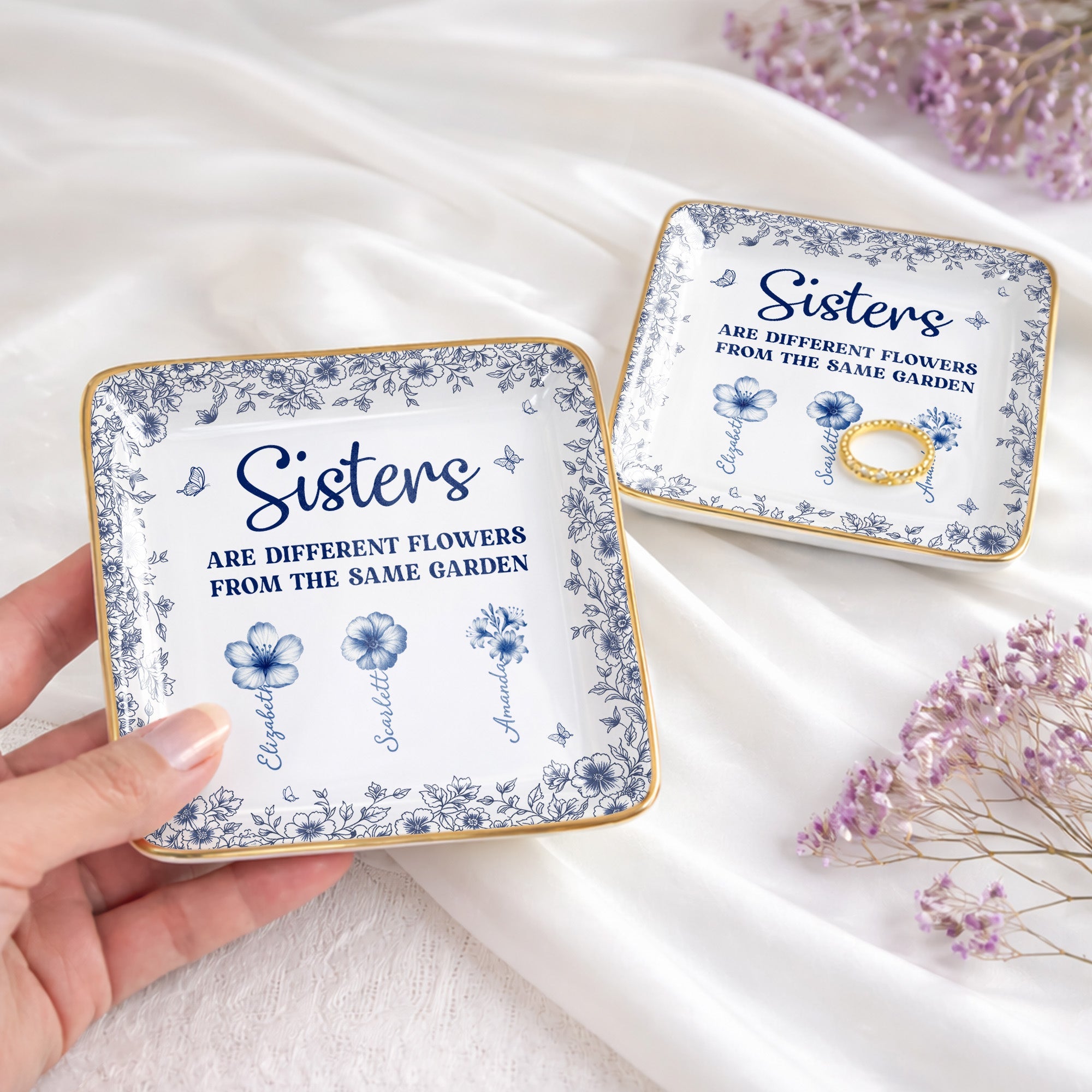 Sisters Are Different Flowers From The Same Garden Personalized Birth Flowers - Personalized Custom Jewelry Dish, Ceramic Dish, Square Shape - SIS008_SCRF