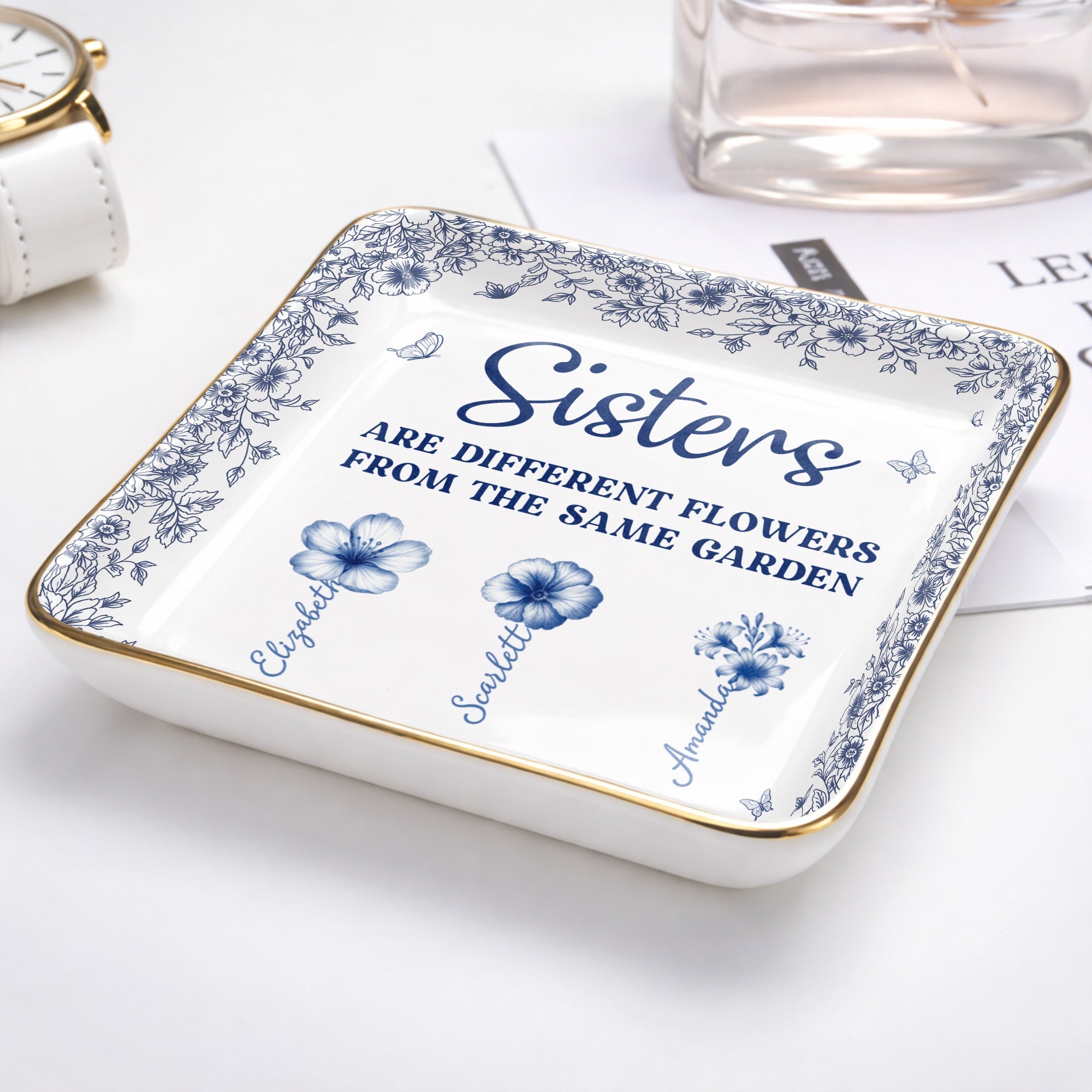 Sisters Are Different Flowers From The Same Garden Personalized Birth Flowers - Personalized Custom Jewelry Dish, Ceramic Dish, Square Shape - SIS008_SCRF