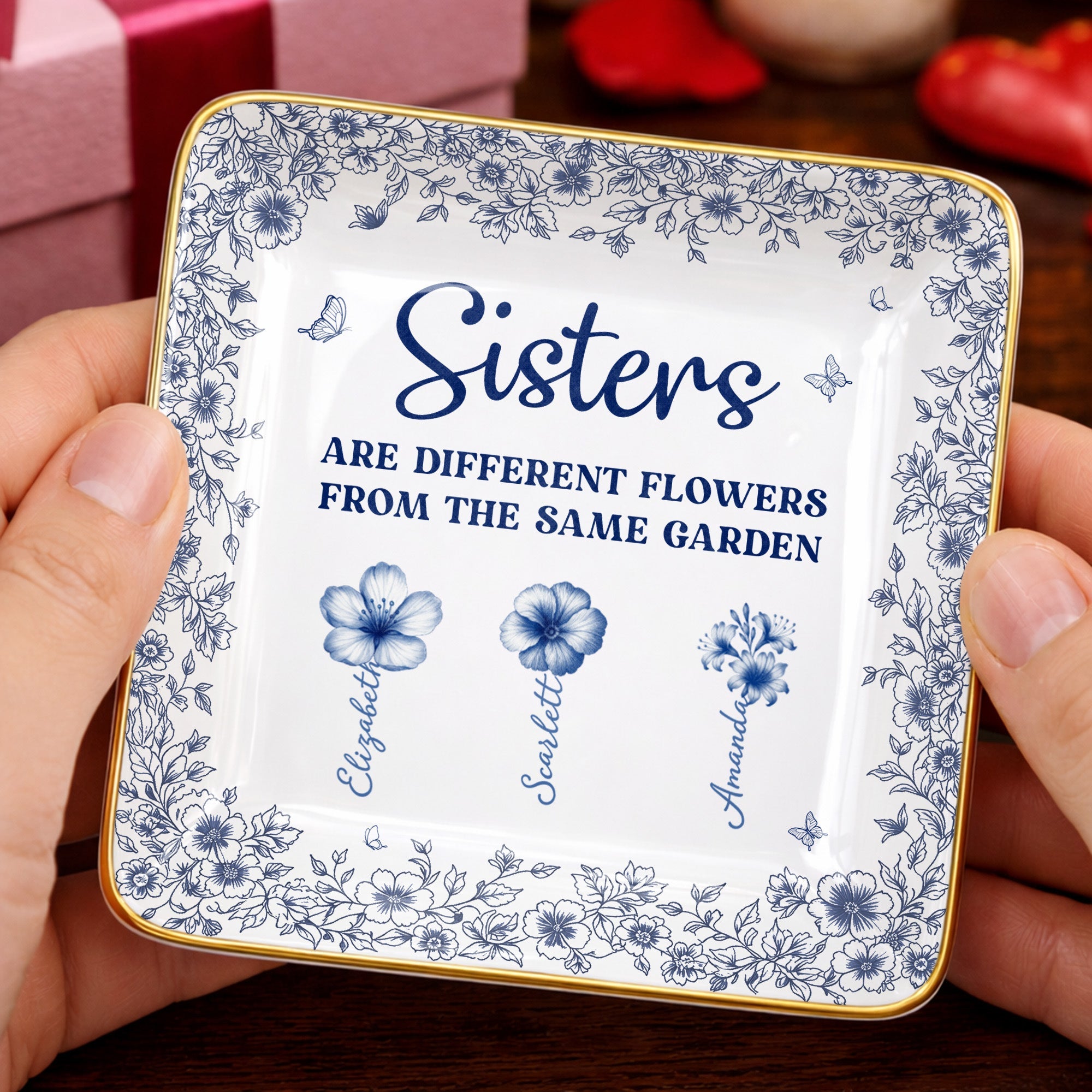 Sisters Are Different Flowers From The Same Garden Personalized Birth Flowers - Personalized Custom Jewelry Dish, Ceramic Dish, Square Shape - SIS008_SCRF