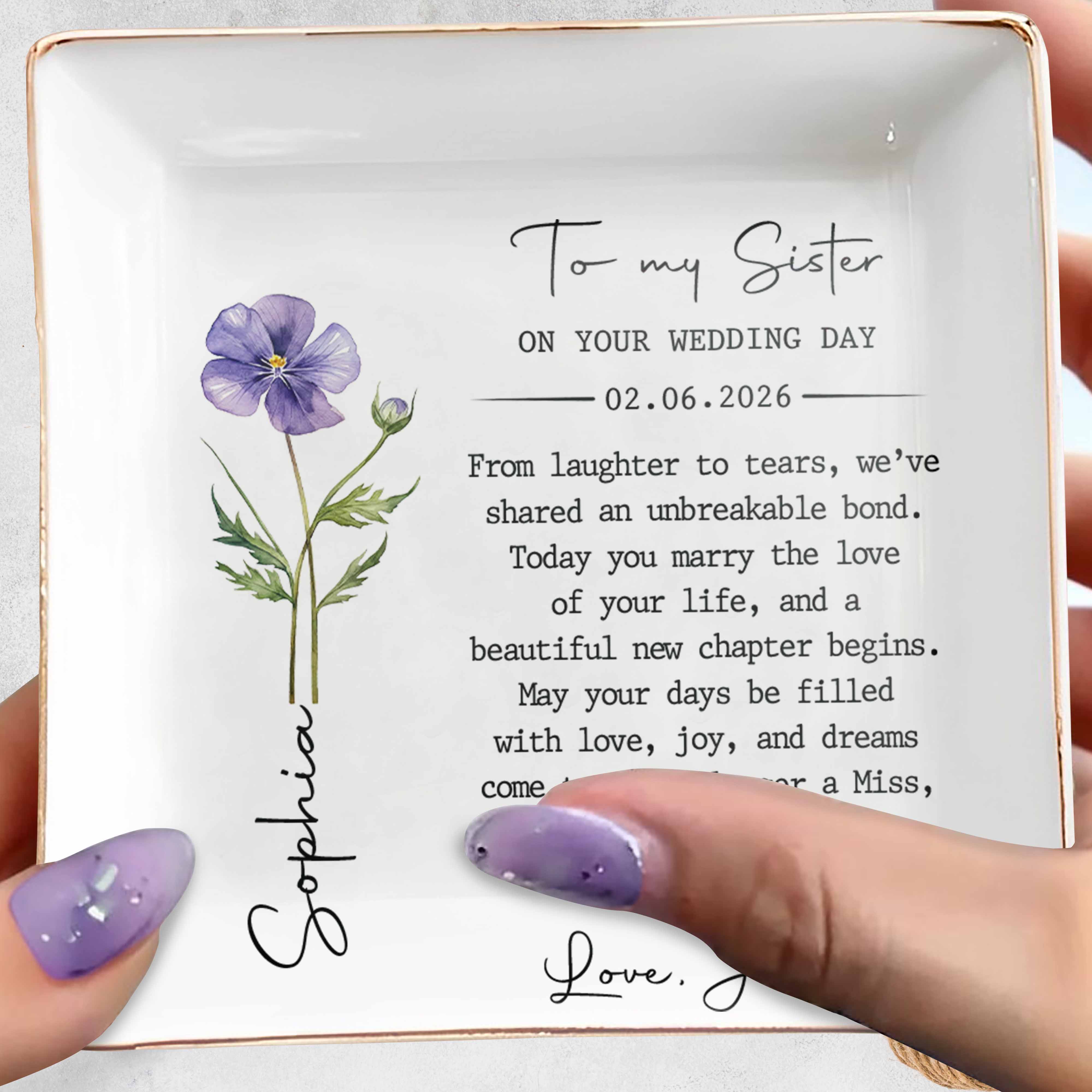 To My Sister On Your Wedding Day Birth Month Flower Jewelry Dish - Personalized Custom Jewelry Dish, Square Ceramic Dish - SIS027_SCRD
