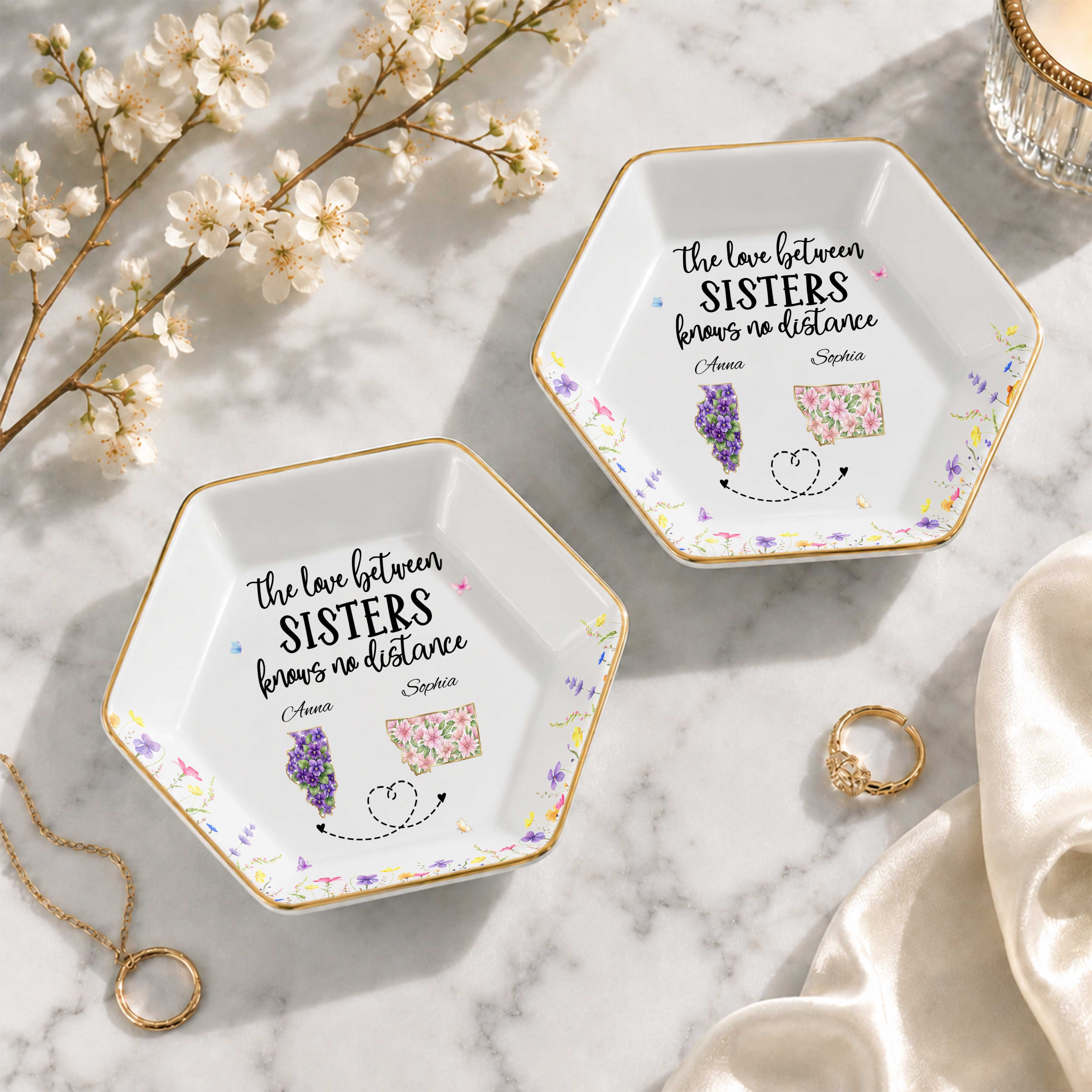 The Love Between Sisters Knows No Distance Floral State Art - Personalized Custom Jewelry Dish, Ceramic Dish, Hexagonal Shape - SIS047_HECRD