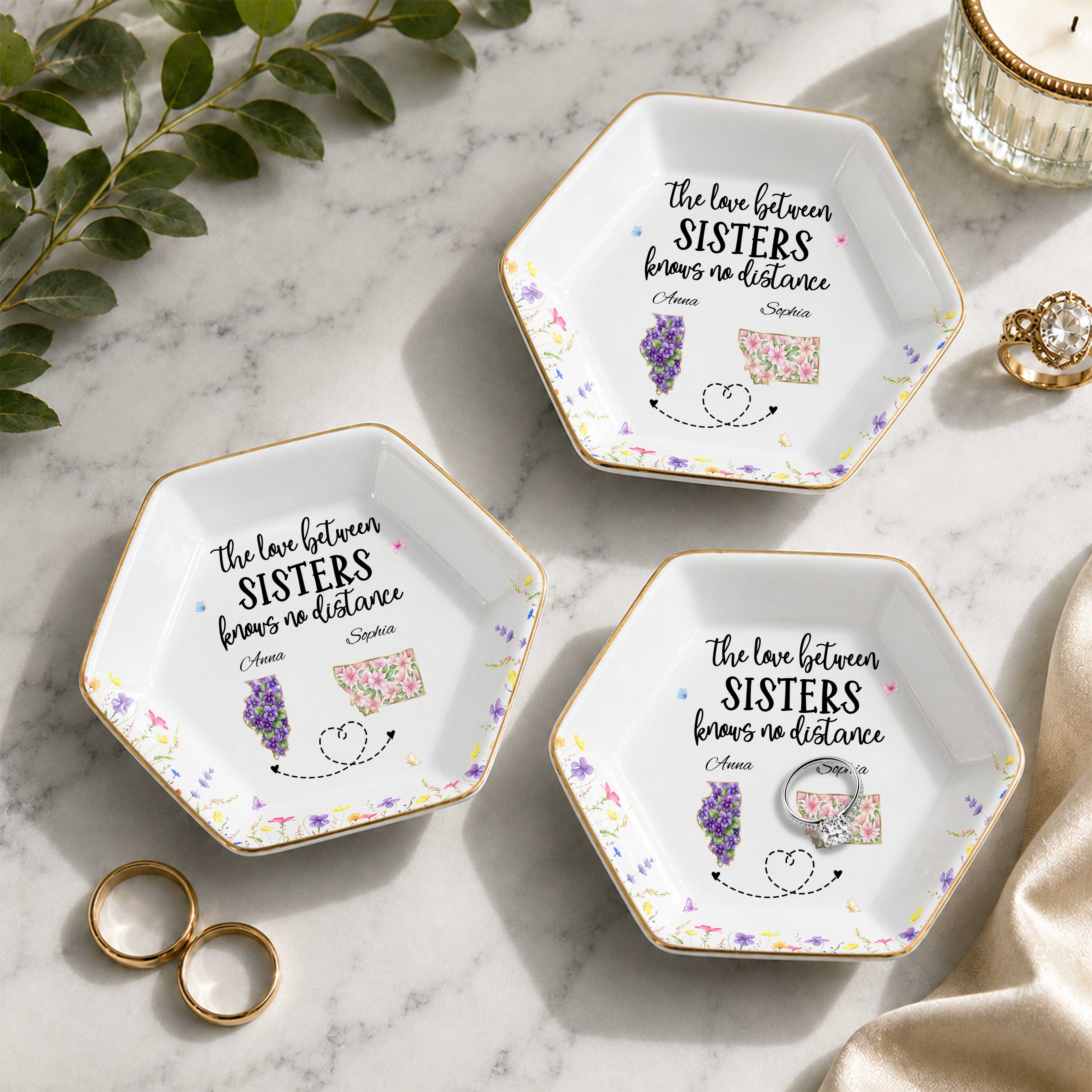 The Love Between Sisters Knows No Distance Floral State Art - Personalized Custom Jewelry Dish, Ceramic Dish, Hexagonal Shape - SIS047_HECRD
