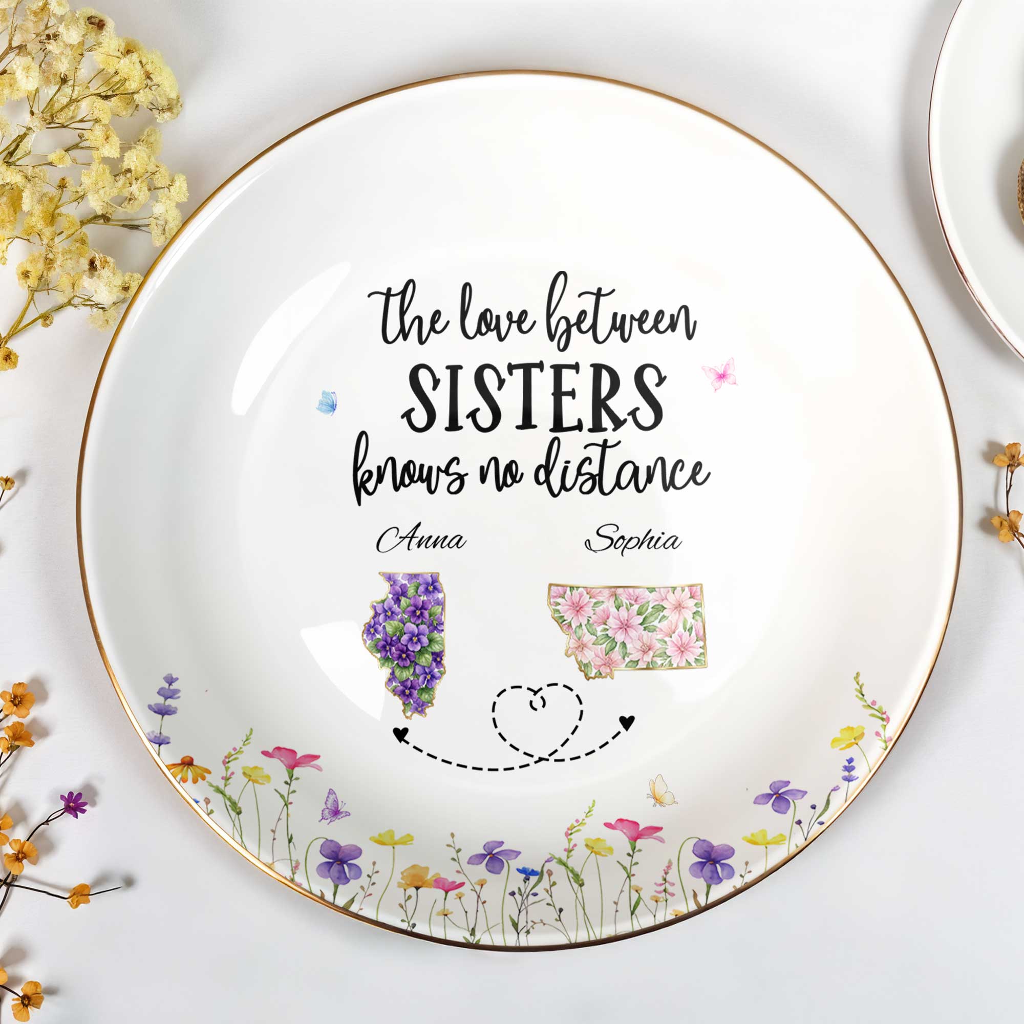 The Love Between Sisters Knows No Distance Floral Map Shapes - Personalized Custom Jewelry Dish, Ceramic Dish, Round Shape - SIS047_RCRF