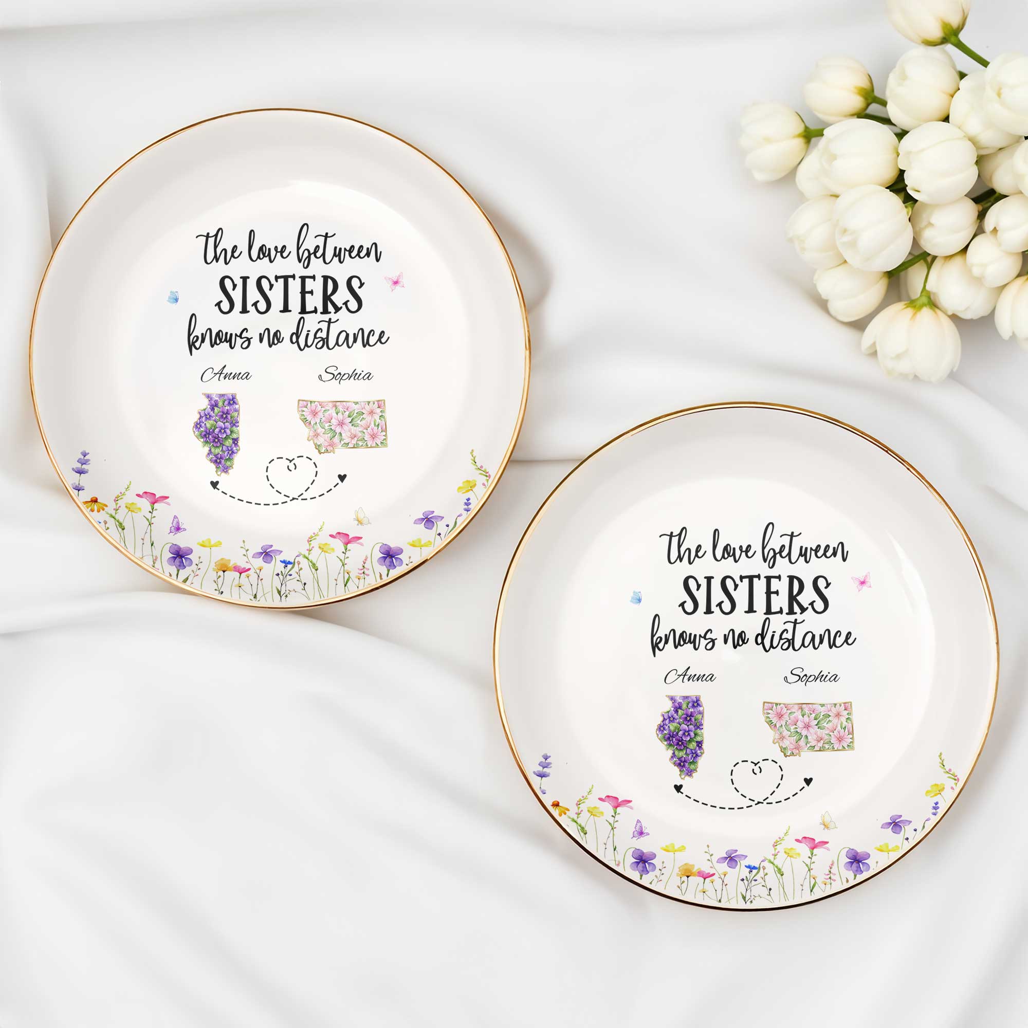 The Love Between Sisters Knows No Distance Floral Map Shapes - Personalized Custom Jewelry Dish, Ceramic Dish, Round Shape - SIS047_RCRF