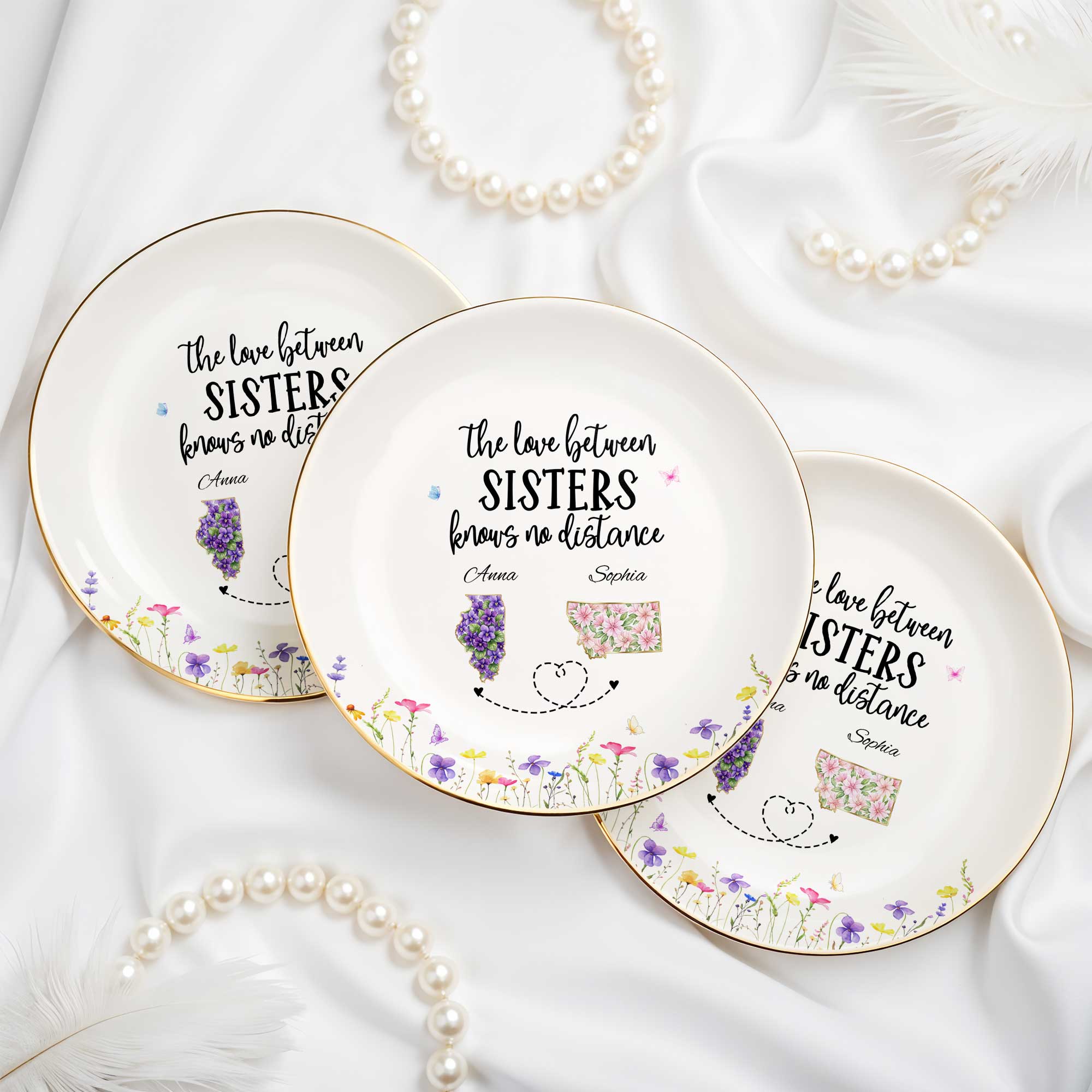 The Love Between Sisters Knows No Distance Floral Map Shapes - Personalized Custom Jewelry Dish, Ceramic Dish, Round Shape - SIS047_RCRF