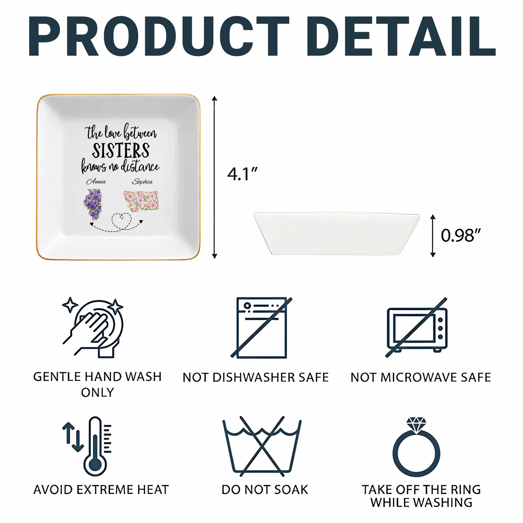 The Love Between Sisters Knows No Distance Floral States Jewelry Holder - Personalized Custom Jewelry Dish, Square Ceramic Dish - SIS047_SCRD