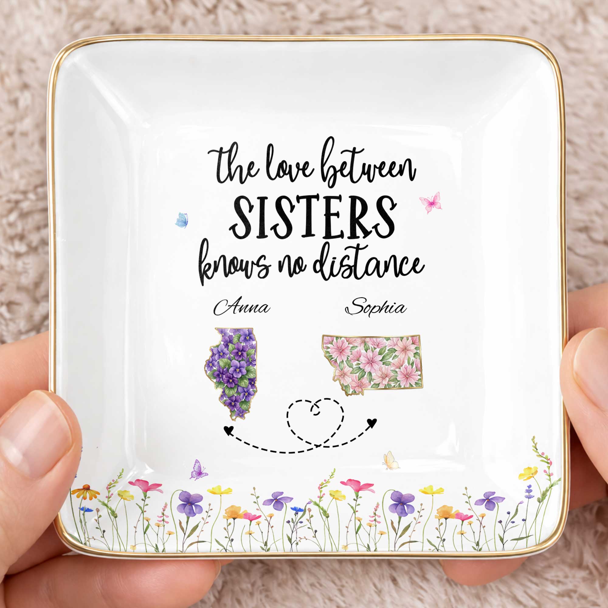 The Love Between Sisters Knows No Distance Floral State Maps - Personalized Custom Jewelry Dish, Ceramic Dish, Square Shape - SIS047_SCRF