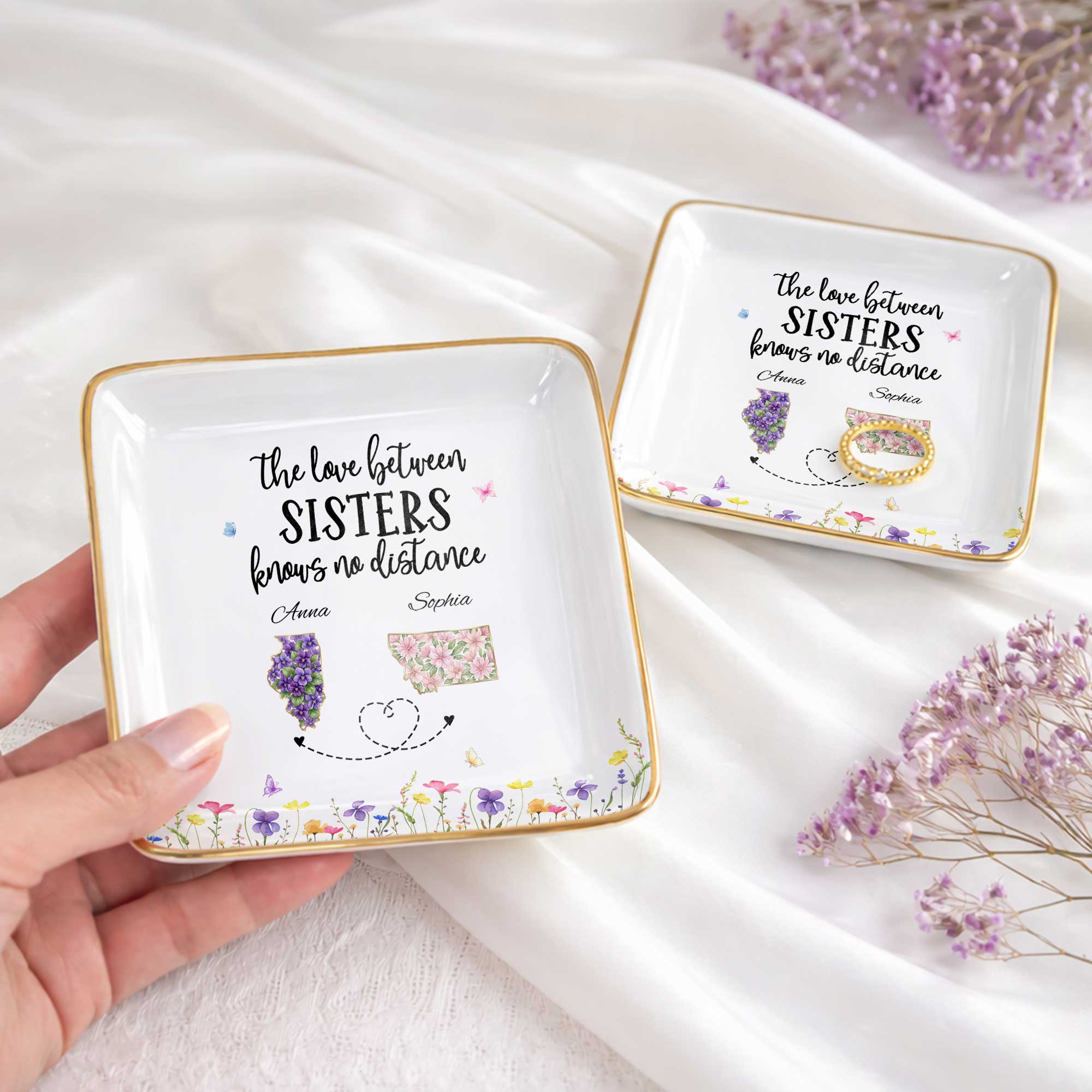 The Love Between Sisters Knows No Distance Floral State Maps - Personalized Custom Jewelry Dish, Ceramic Dish, Square Shape - SIS047_SCRF