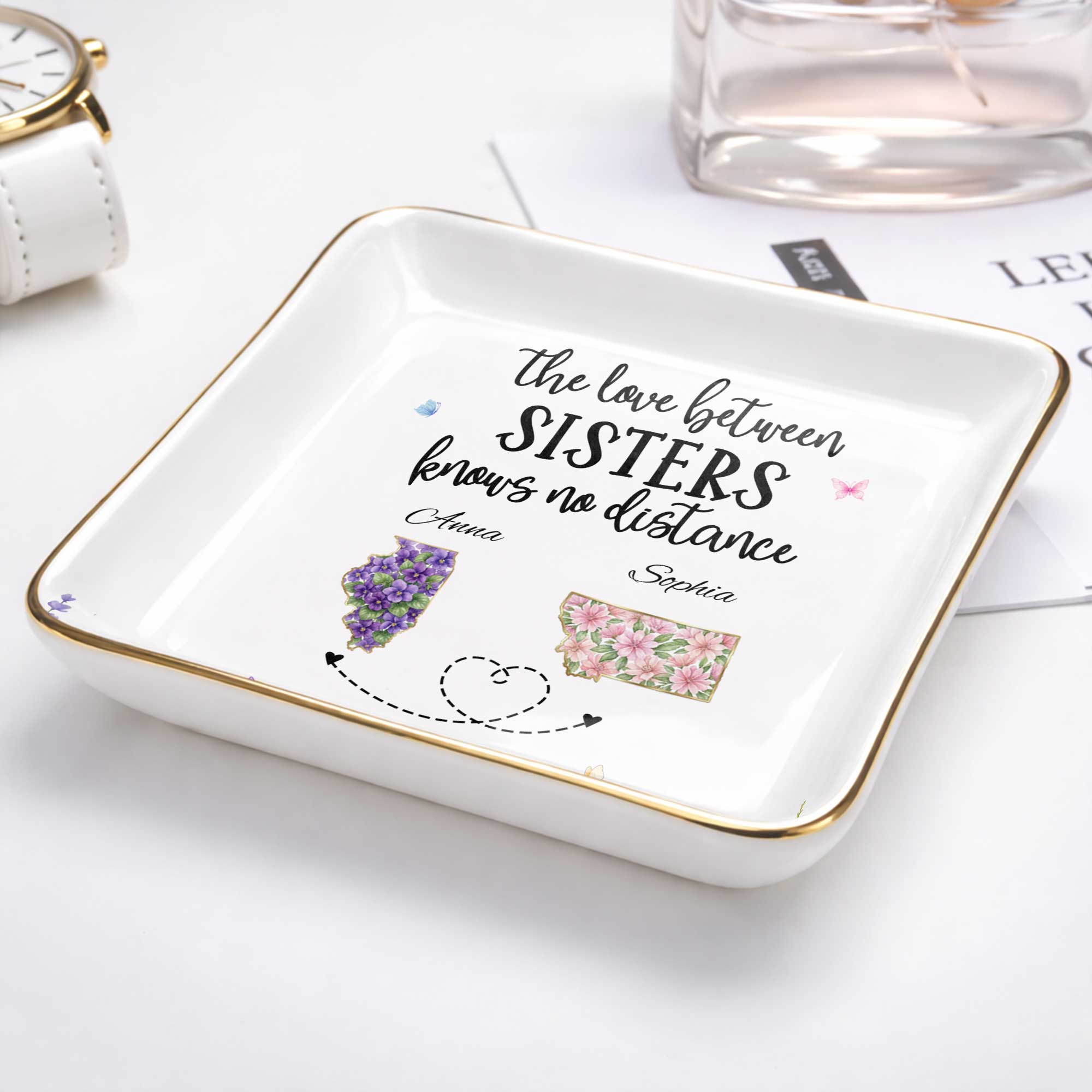 The Love Between Sisters Knows No Distance Floral State Maps - Personalized Custom Jewelry Dish, Ceramic Dish, Square Shape - SIS047_SCRF