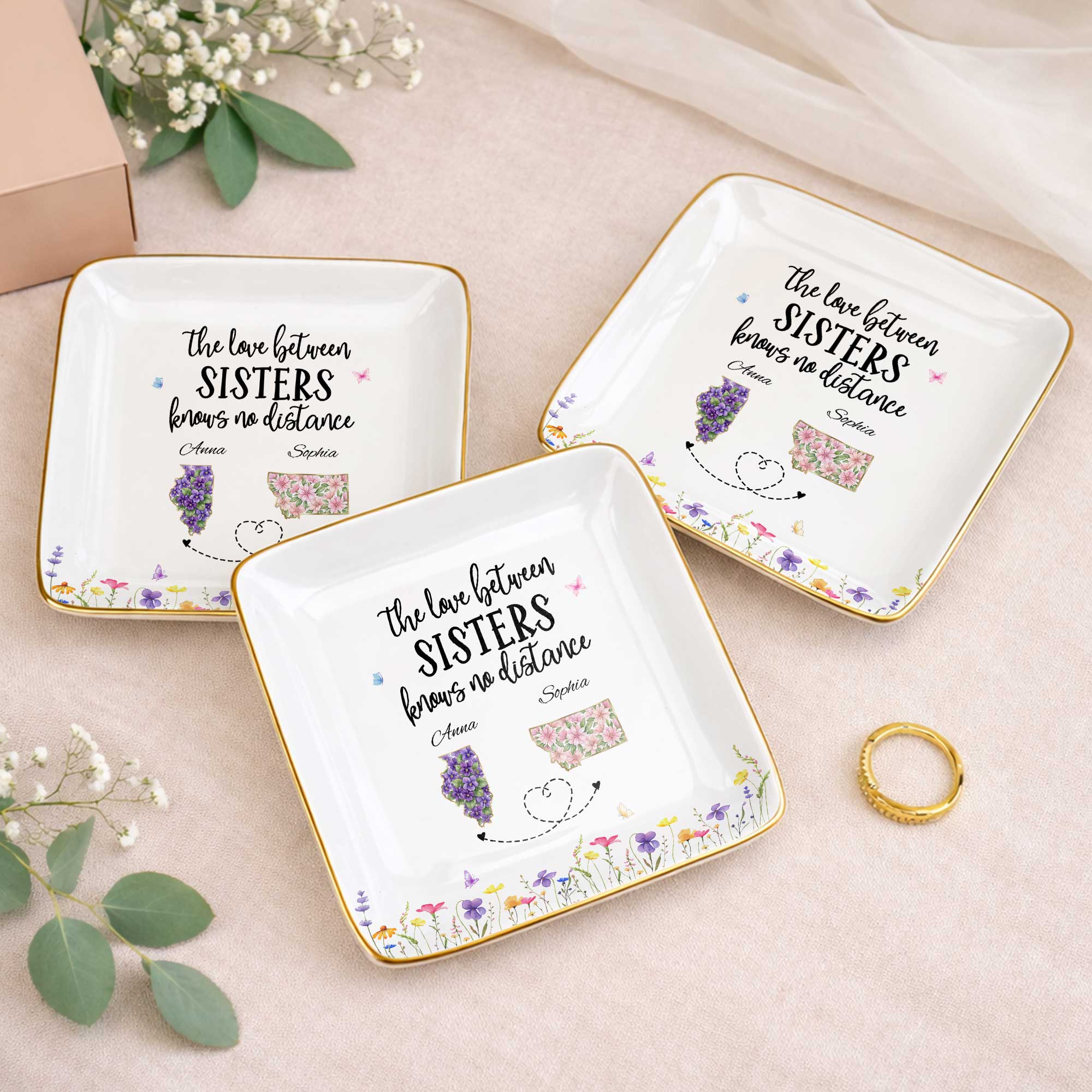 The Love Between Sisters Knows No Distance Floral State Maps - Personalized Custom Jewelry Dish, Ceramic Dish, Square Shape - SIS047_SCRF