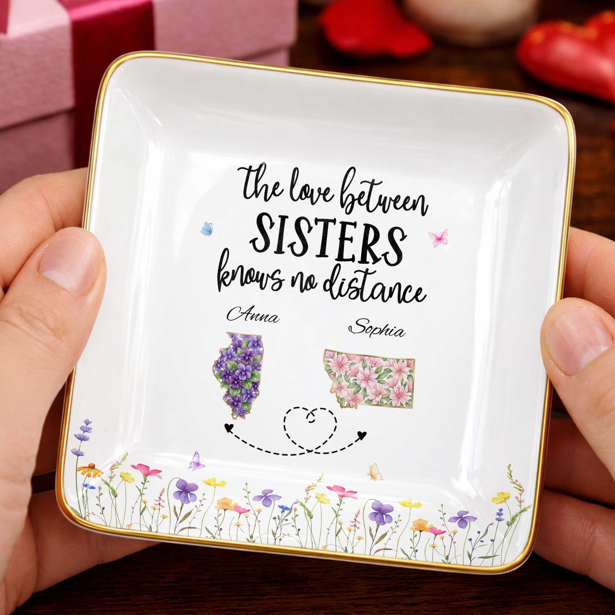 The Love Between Sisters Knows No Distance Floral State Maps - Personalized Custom Jewelry Dish, Ceramic Dish, Square Shape - SIS047_SCRF
