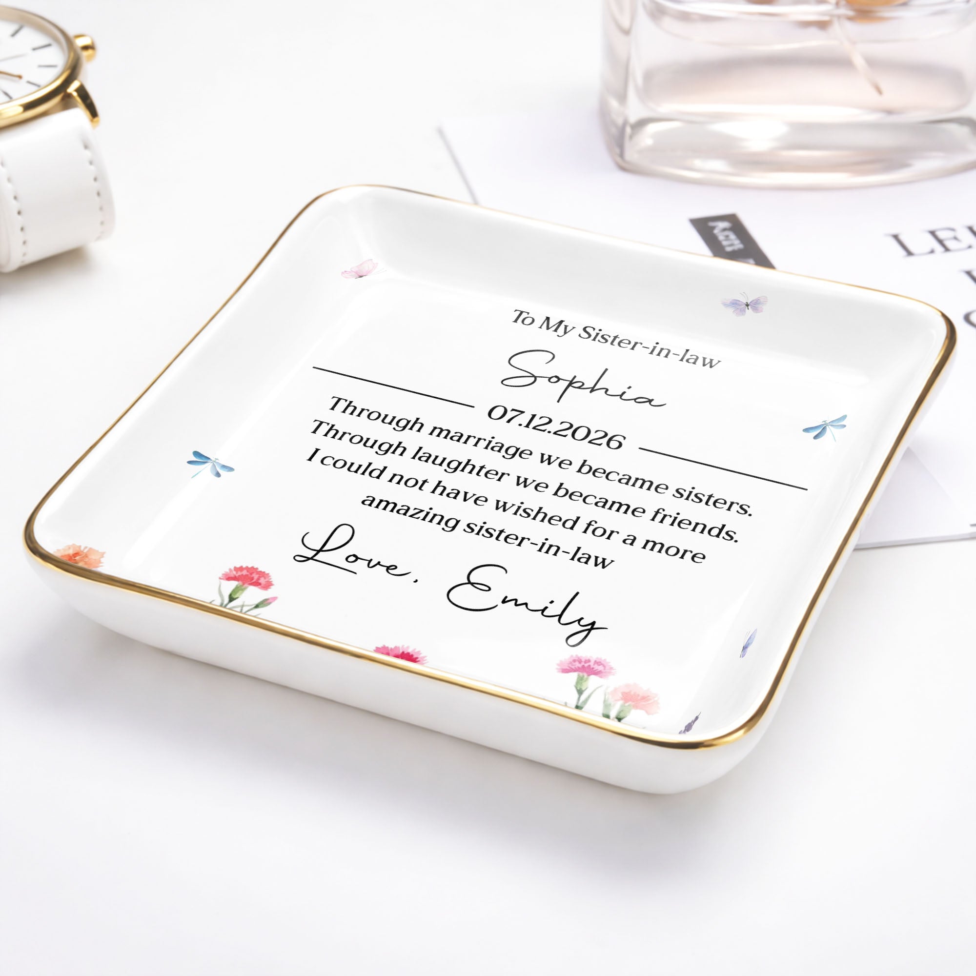To My Sister In Law Through Marriage Flowers And Butterflies - Personalized Custom Jewelry Dish, Ceramic Dish, Square Shape - SIS049_SCRF
