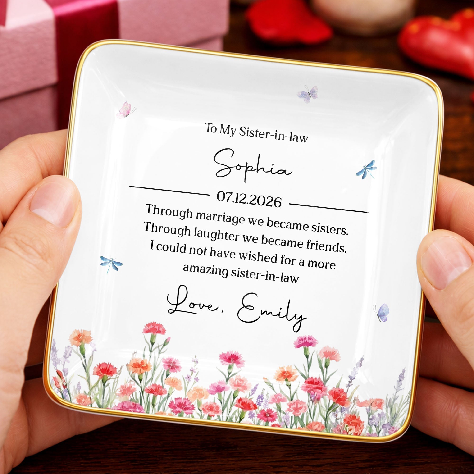 To My Sister In Law Through Marriage Flowers And Butterflies - Personalized Custom Jewelry Dish, Ceramic Dish, Square Shape - SIS049_SCRF