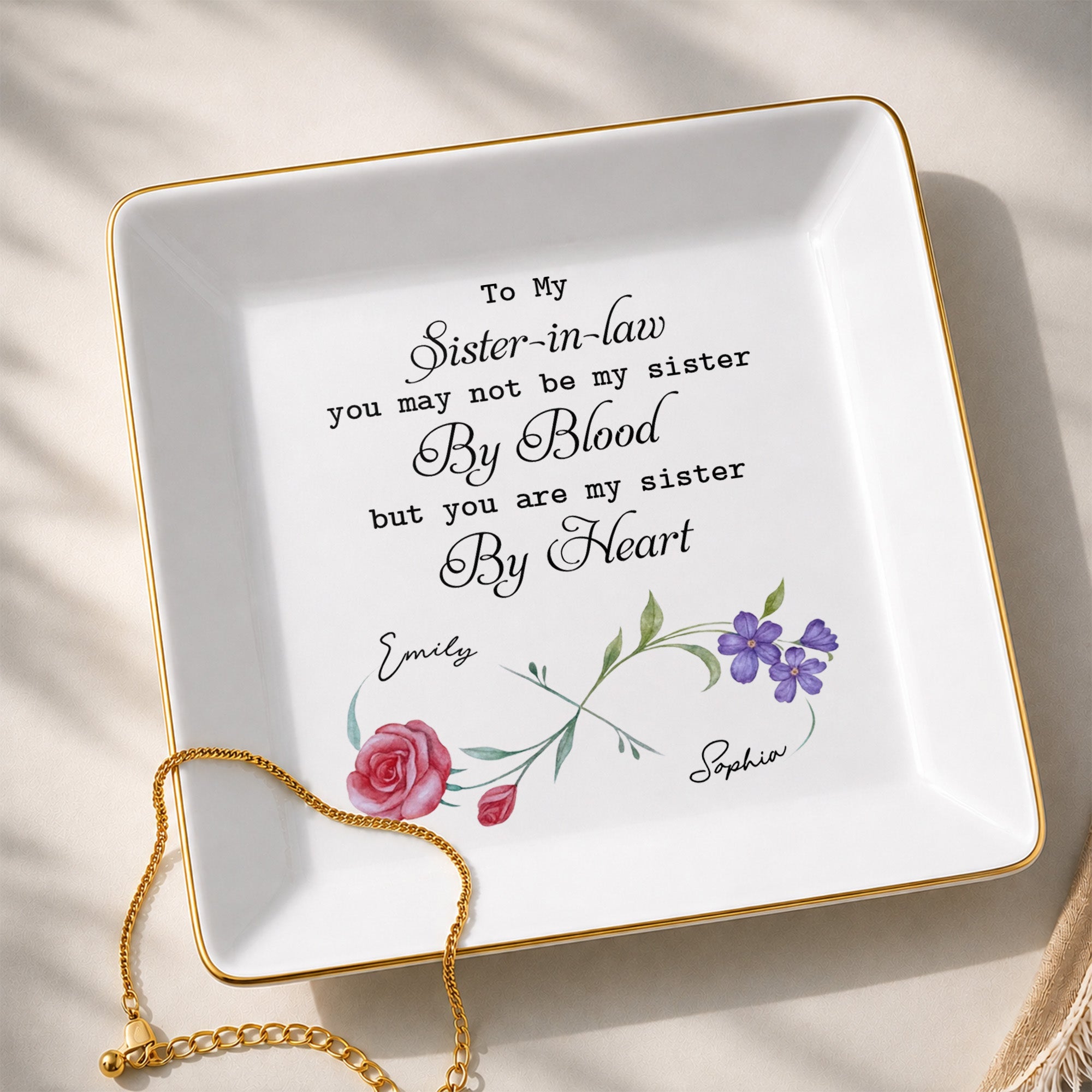 Sister In Law By Heart Birth Month Flowers - Personalized Custom Jewelry Dish, Square Ceramic Dish - SIS058_SCRD