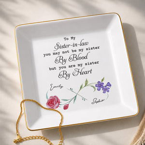 Sister In Law By Heart Birth Month Flowers - Personalized Custom Jewelry Dish, Square Ceramic Dish - SIS058_SCRD