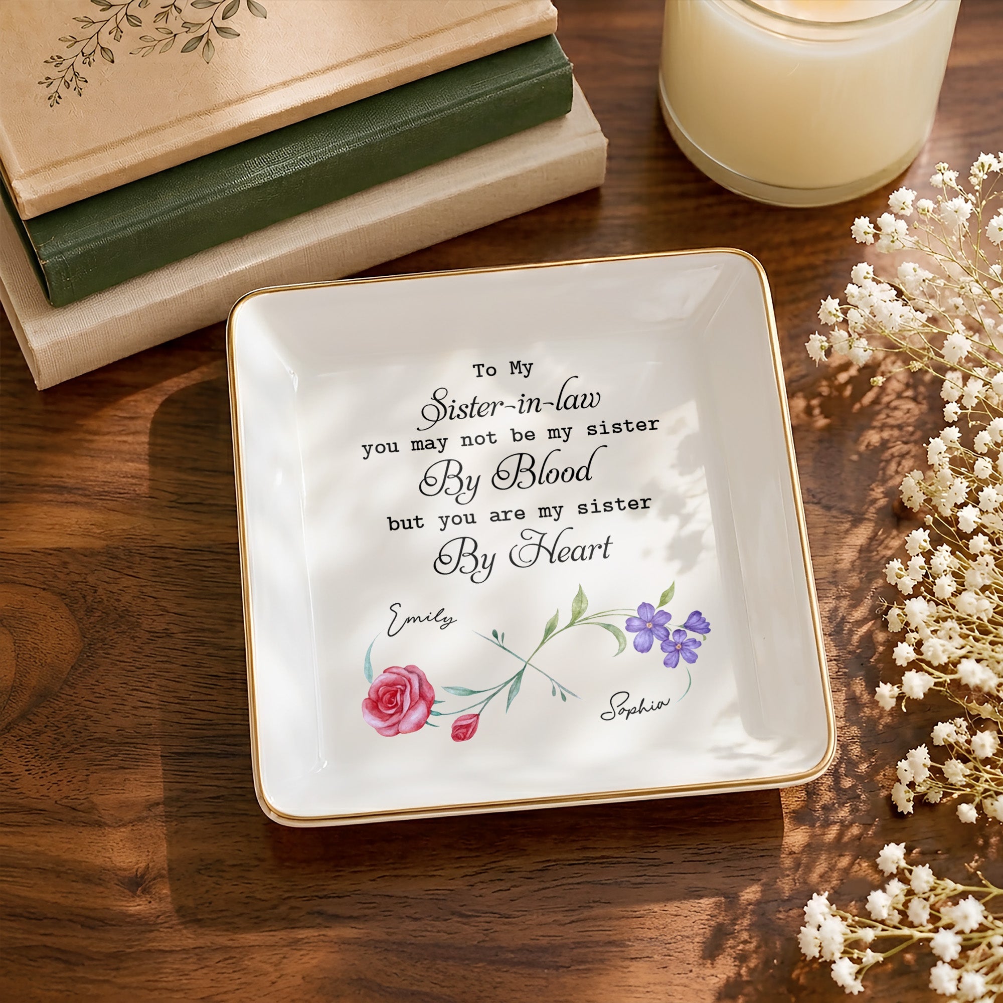 Sister In Law By Heart Birth Month Flowers - Personalized Custom Jewelry Dish, Square Ceramic Dish - SIS058_SCRD