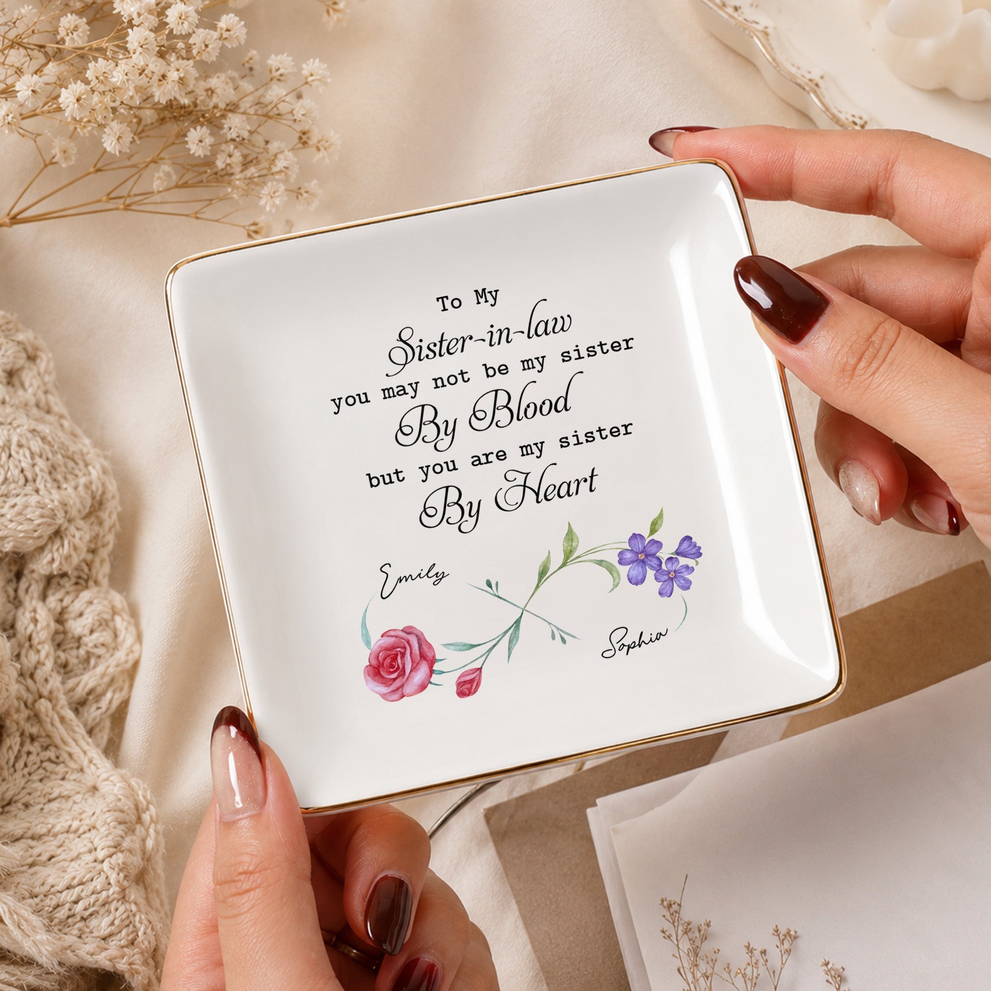 Sister In Law By Heart Birth Month Flowers - Personalized Custom Jewelry Dish, Square Ceramic Dish - SIS058_SCRD