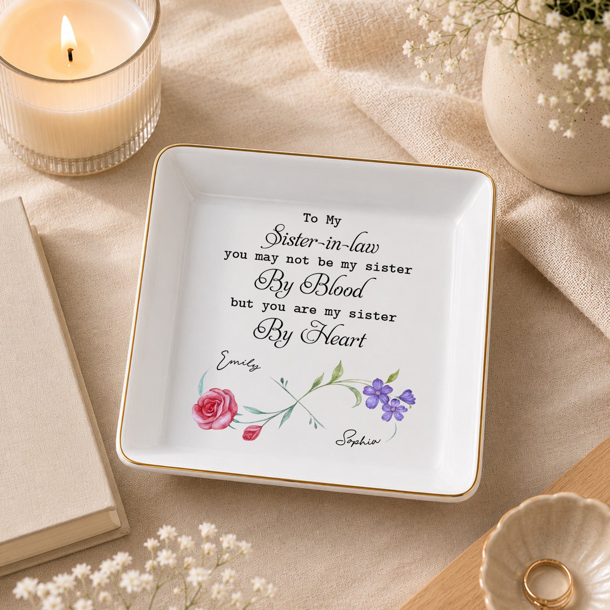 Sister In Law By Heart Birth Month Flowers - Personalized Custom Jewelry Dish, Square Ceramic Dish - SIS058_SCRD