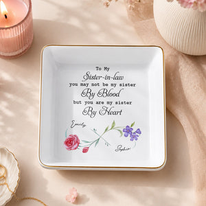 Sister In Law By Heart Birth Month Flowers - Personalized Custom Jewelry Dish, Square Ceramic Dish - SIS058_SCRD