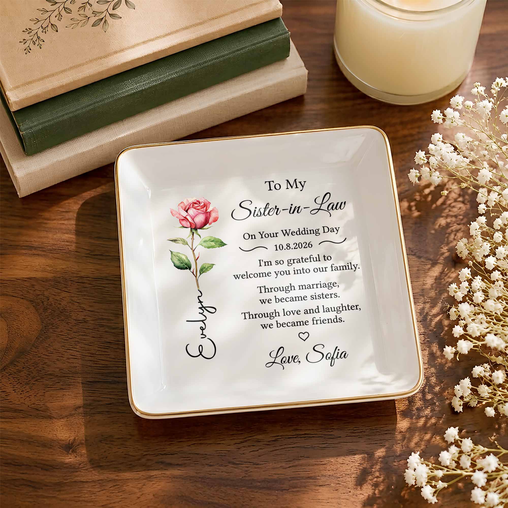 To My Sister In Law Wedding Day Flower Design - Personalized Custom Jewelry Dish, Square Ceramic Dish - SIS060_SCRD