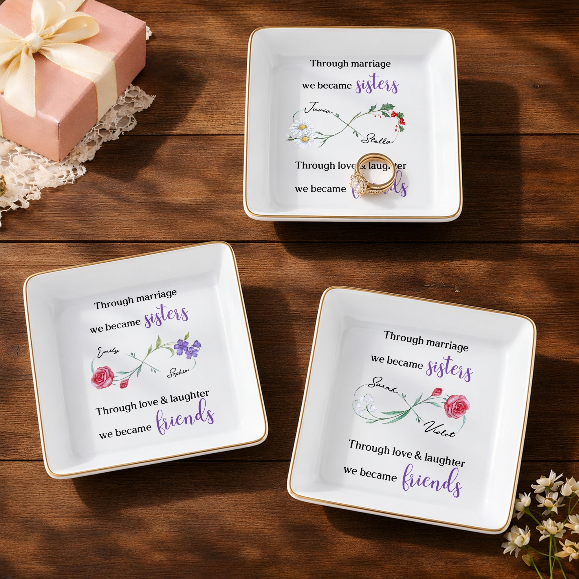 Through Marriage We Became Sisters Floral Infinity Symbol - Personalized Custom Jewelry Dish, Square Ceramic Dish - SIS061_SCRD