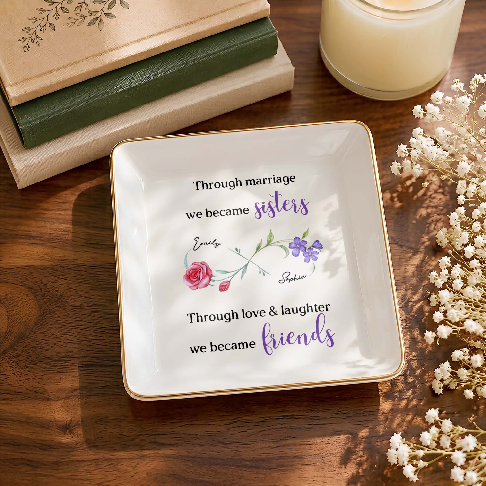 Through Marriage We Became Sisters Floral Infinity Symbol - Personalized Custom Jewelry Dish, Square Ceramic Dish - SIS061_SCRD