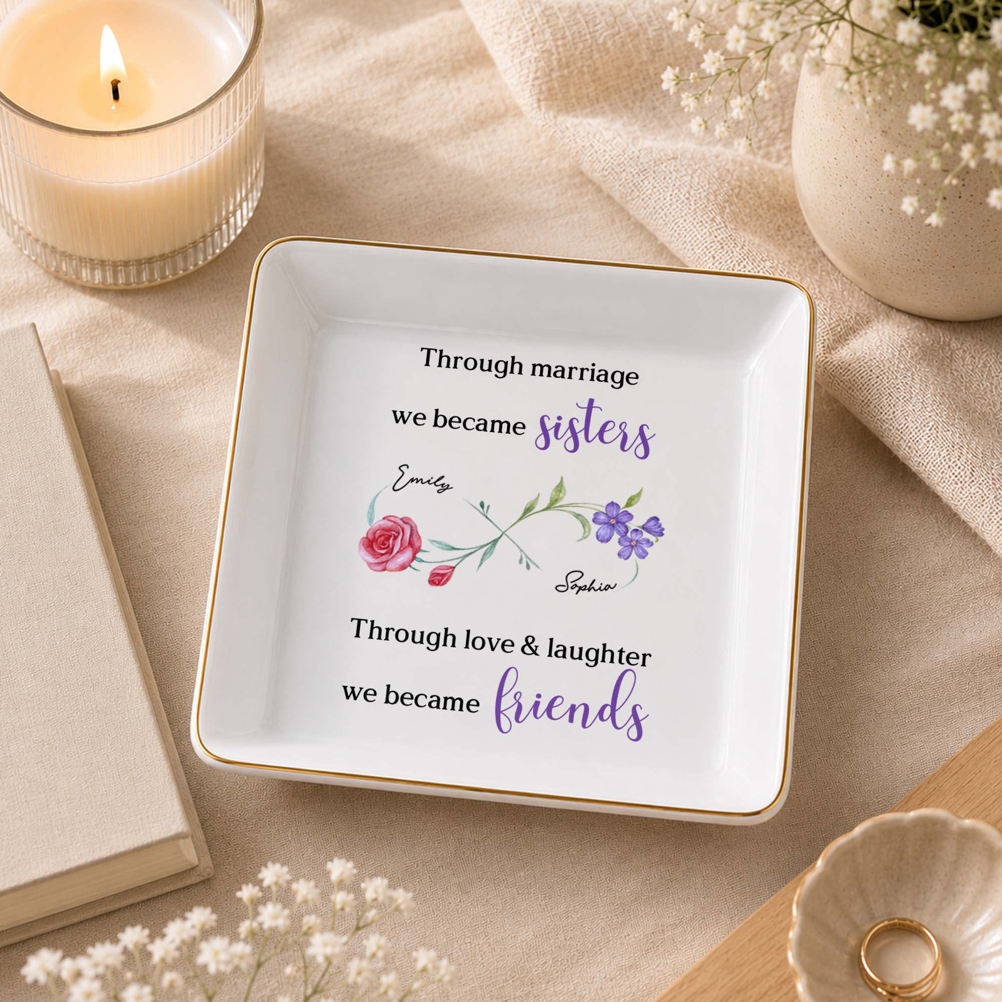Through Marriage We Became Sisters Floral Infinity Symbol - Personalized Custom Jewelry Dish, Square Ceramic Dish - SIS061_SCRD