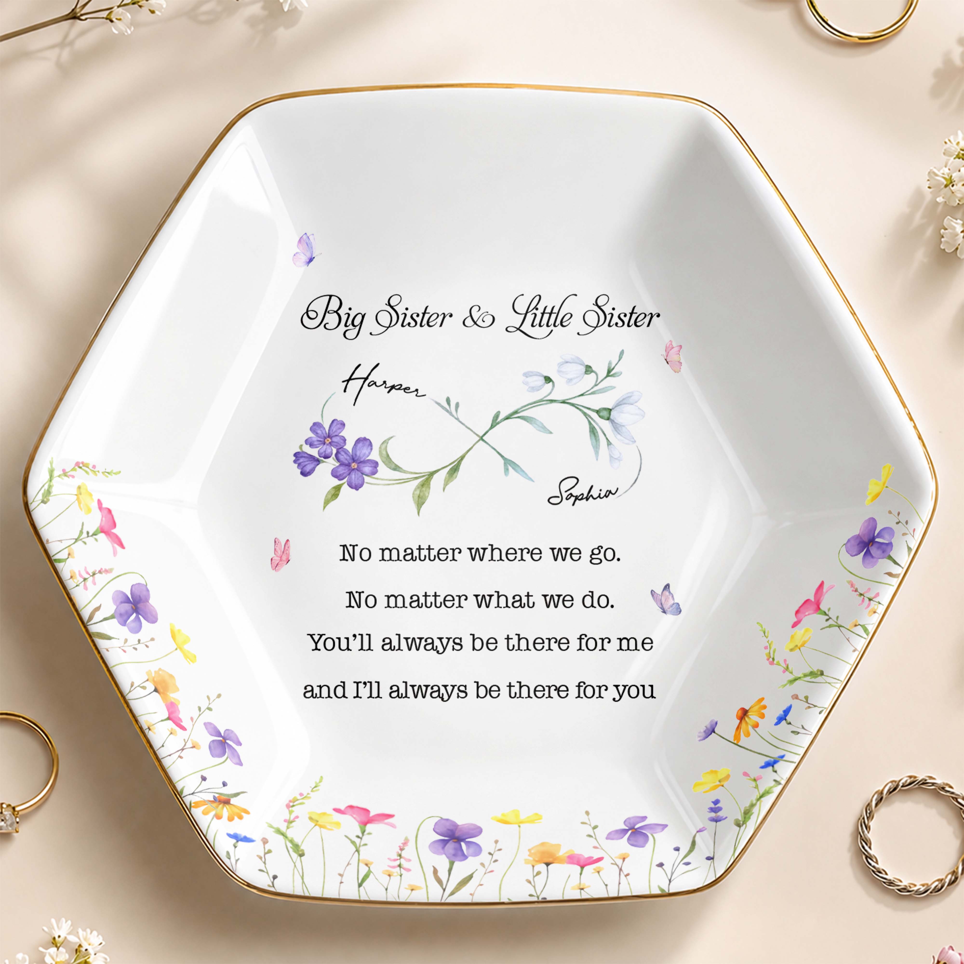 Big Sister And Little Sister Flowers No Matter Where We Go - Personalized Custom Jewelry Dish, Ceramic Dish, Hexagonal Shape - SIS064_HECRD