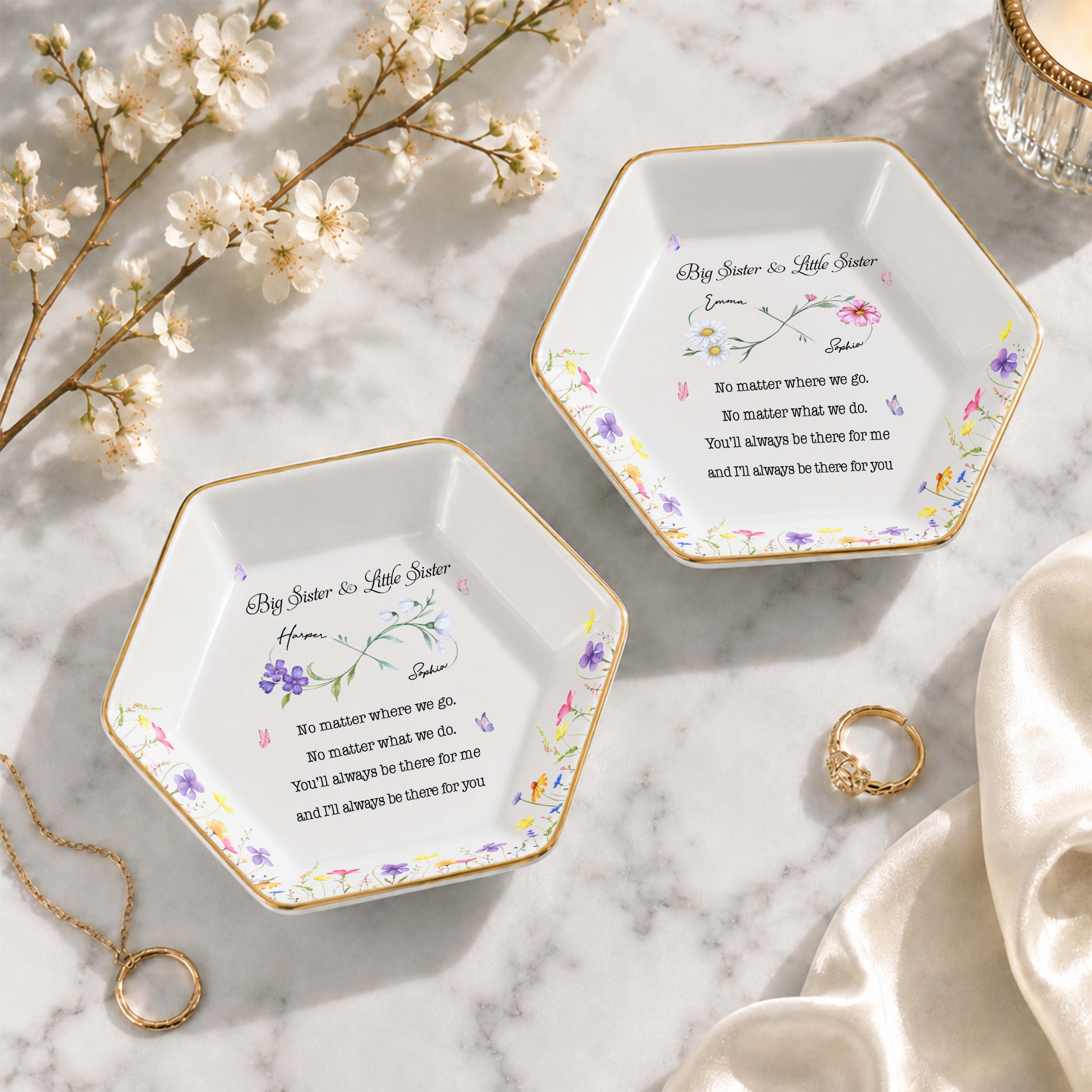 Big Sister And Little Sister Flowers No Matter Where We Go - Personalized Custom Jewelry Dish, Ceramic Dish, Hexagonal Shape - SIS064_HECRD