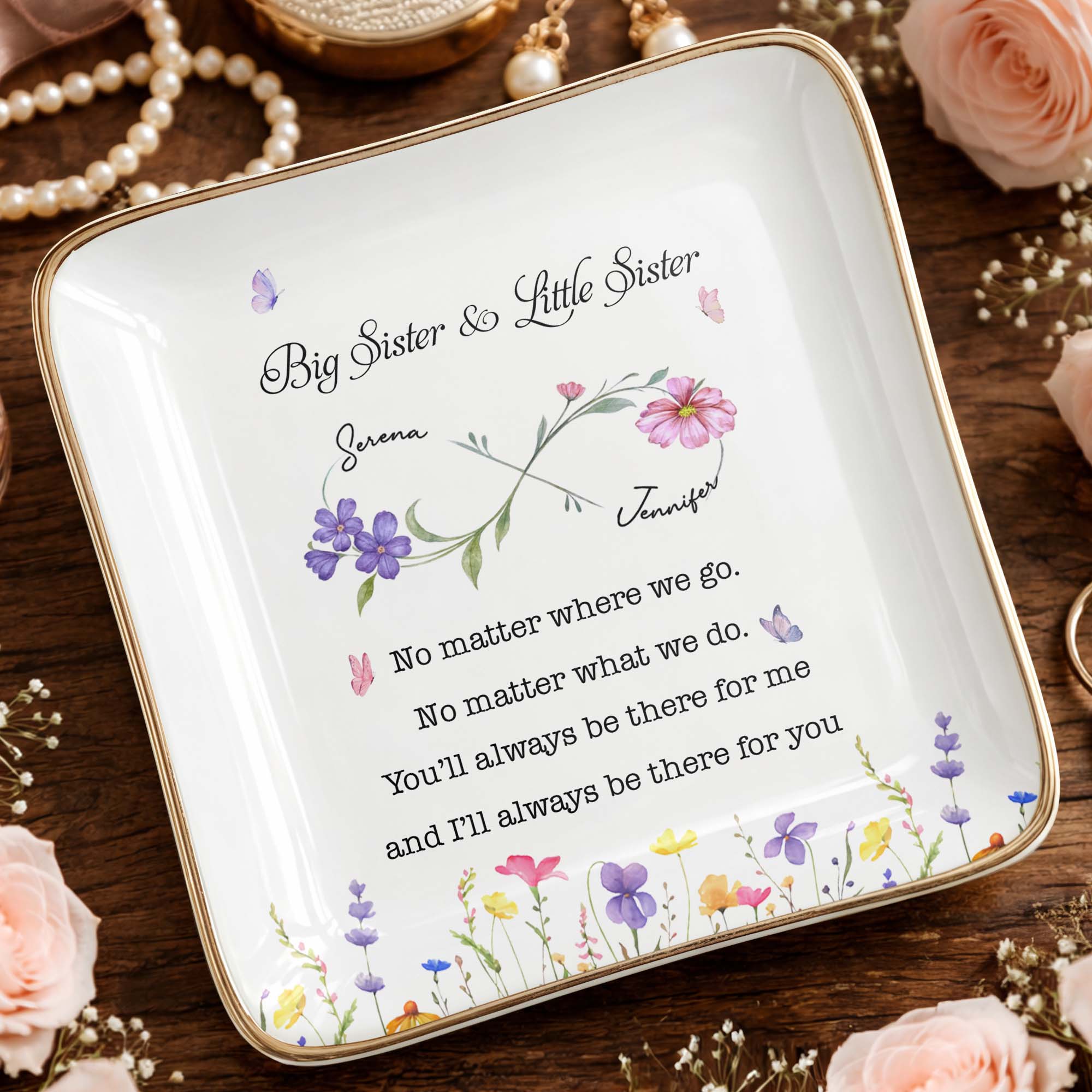 Big Sister Little Sister Infinity Wildflowers And Butterflies Ceramic Jewelry Tray - Personalized Custom Jewelry Dish, Ceramic Dish, Square Shape - SIS064_SCRF