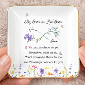 Big Sister Little Sister Infinity Wildflowers And Butterflies Ceramic Jewelry Tray - Personalized Custom Jewelry Dish, Ceramic Dish, Square Shape - SIS064_SCRF