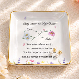 Big Sister Little Sister Infinity Wildflowers And Butterflies Ceramic Jewelry Tray - Personalized Custom Jewelry Dish, Ceramic Dish, Square Shape - SIS064_SCRF