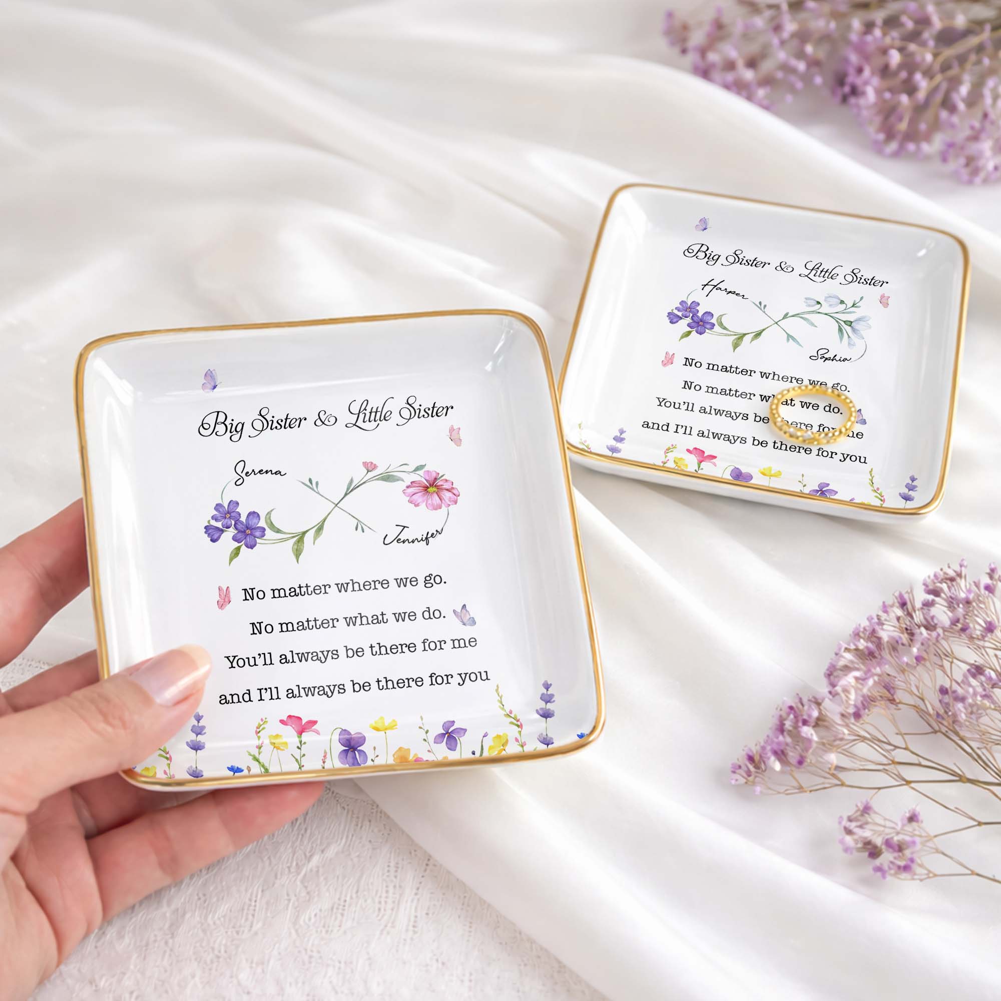 Big Sister Little Sister Infinity Wildflowers And Butterflies Ceramic Jewelry Tray - Personalized Custom Jewelry Dish, Ceramic Dish, Square Shape - SIS064_SCRF
