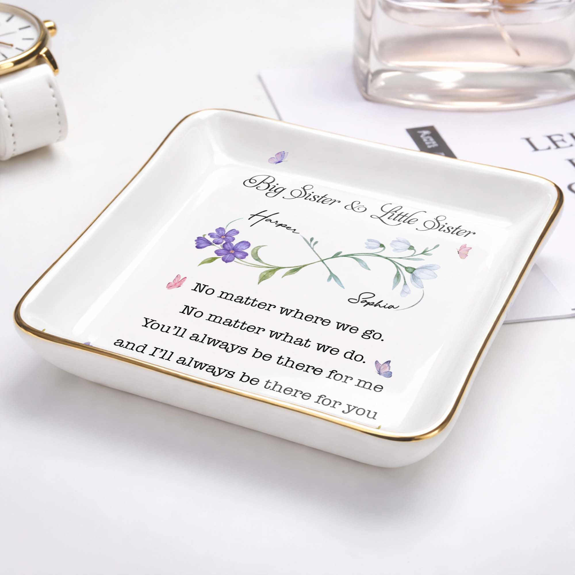 Big Sister Little Sister Infinity Wildflowers And Butterflies Ceramic Jewelry Tray - Personalized Custom Jewelry Dish, Ceramic Dish, Square Shape - SIS064_SCRF