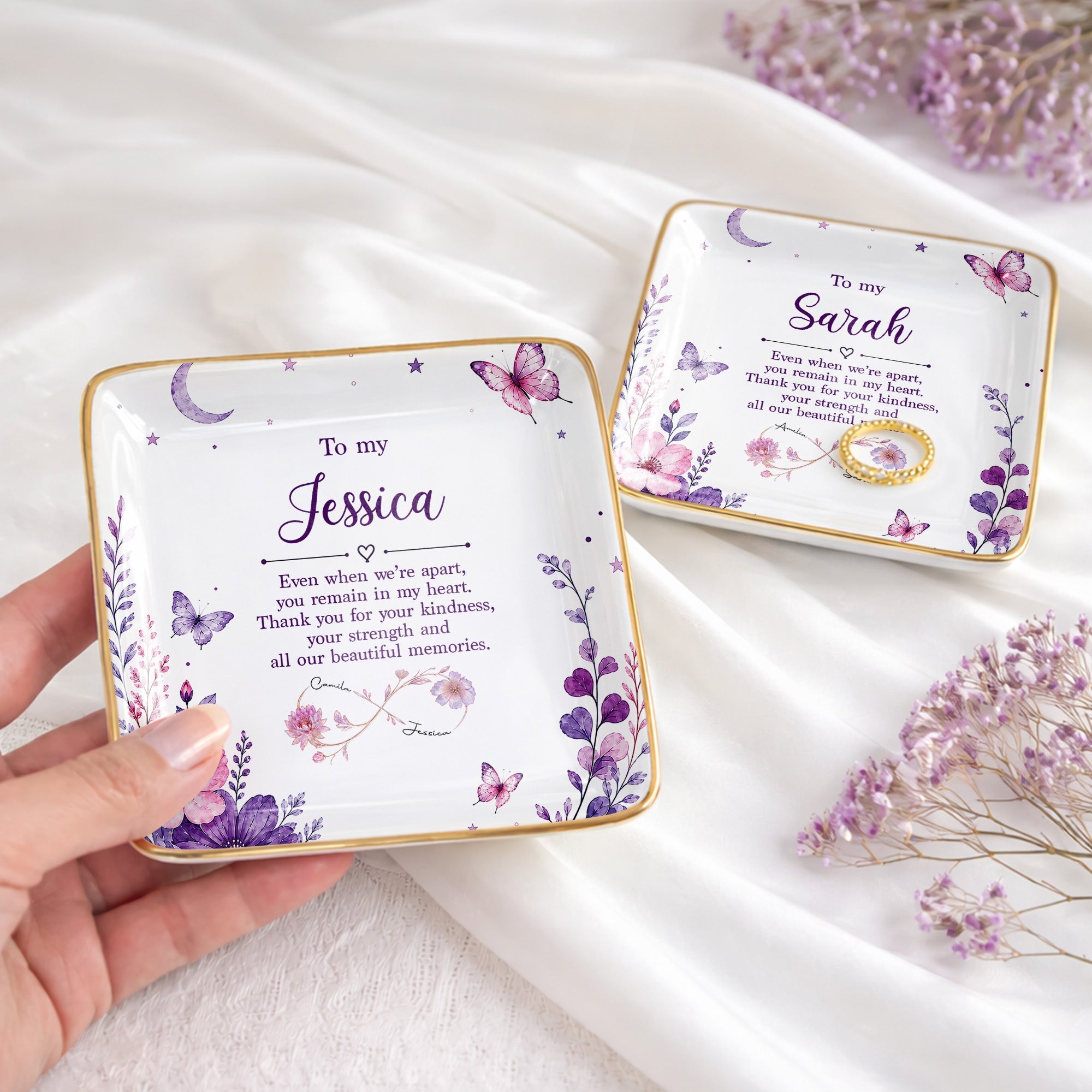 To My Sister Even When We Are Apart Flowers And Butterflies - Personalized Custom Jewelry Dish, Ceramic Dish, Square Shape - SIS065_SCRF