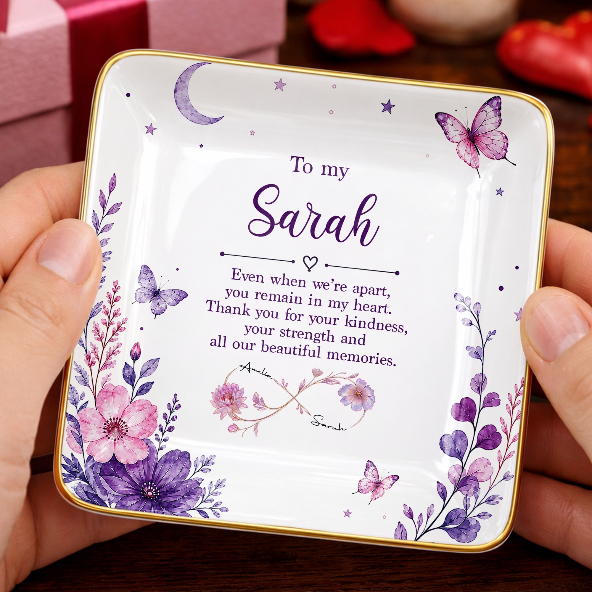 To My Sister Even When We Are Apart Flowers And Butterflies - Personalized Custom Jewelry Dish, Ceramic Dish, Square Shape - SIS065_SCRF