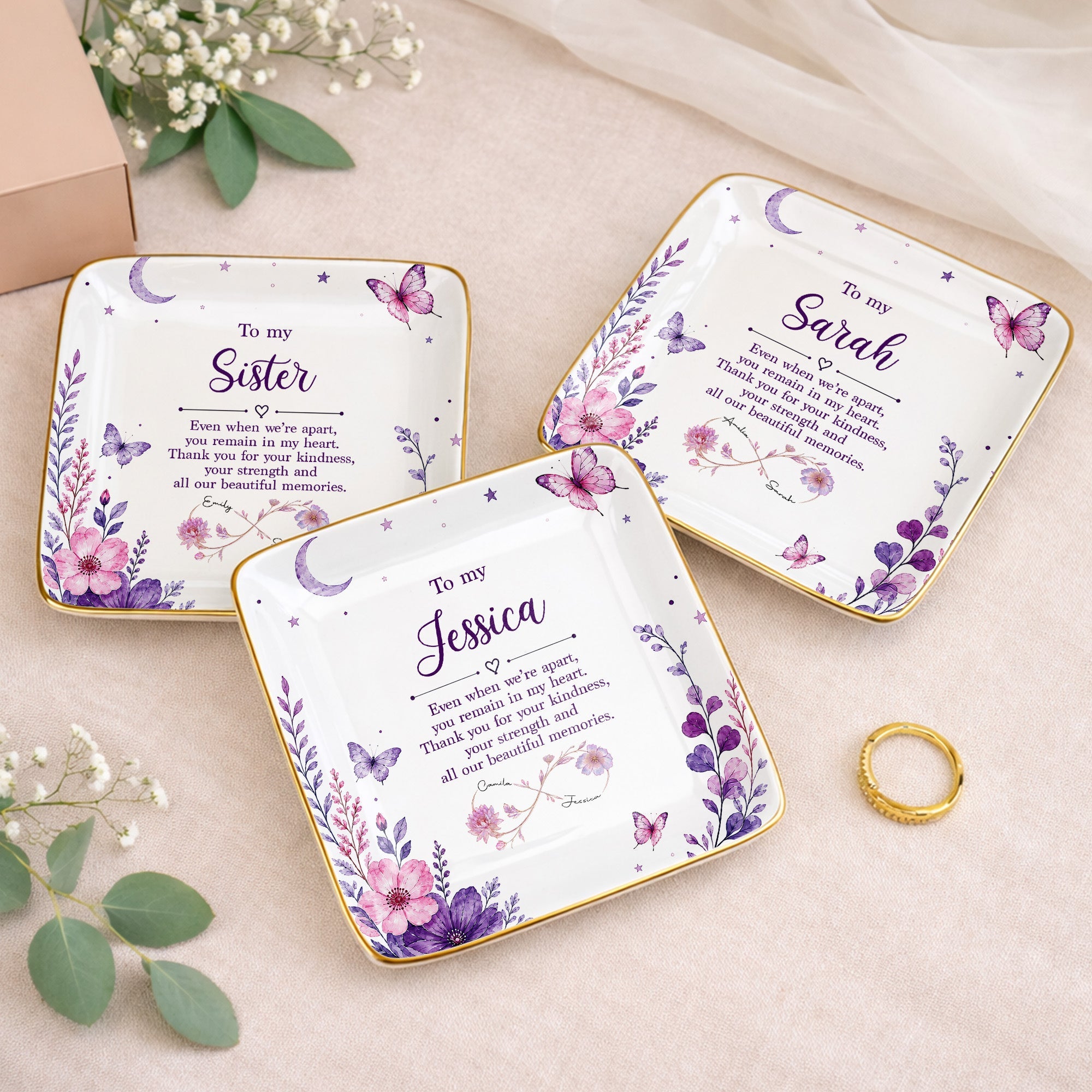To My Sister Even When We Are Apart Flowers And Butterflies - Personalized Custom Jewelry Dish, Ceramic Dish, Square Shape - SIS065_SCRF