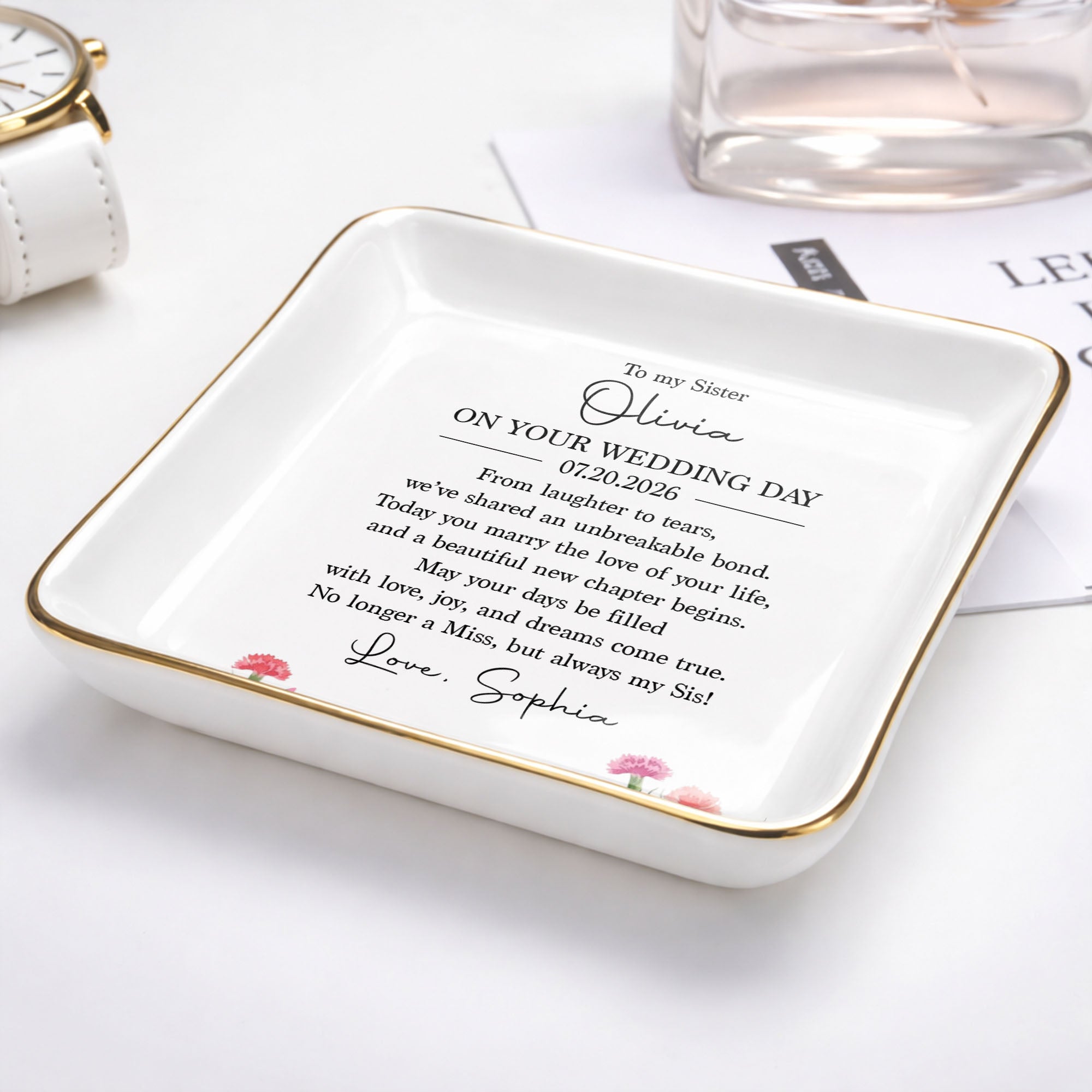 To My Sister On Your Wedding Day Personalized Birth Month Flowers - Personalized Custom Jewelry Dish, Ceramic Dish, Square Shape - SIS067_SCRF