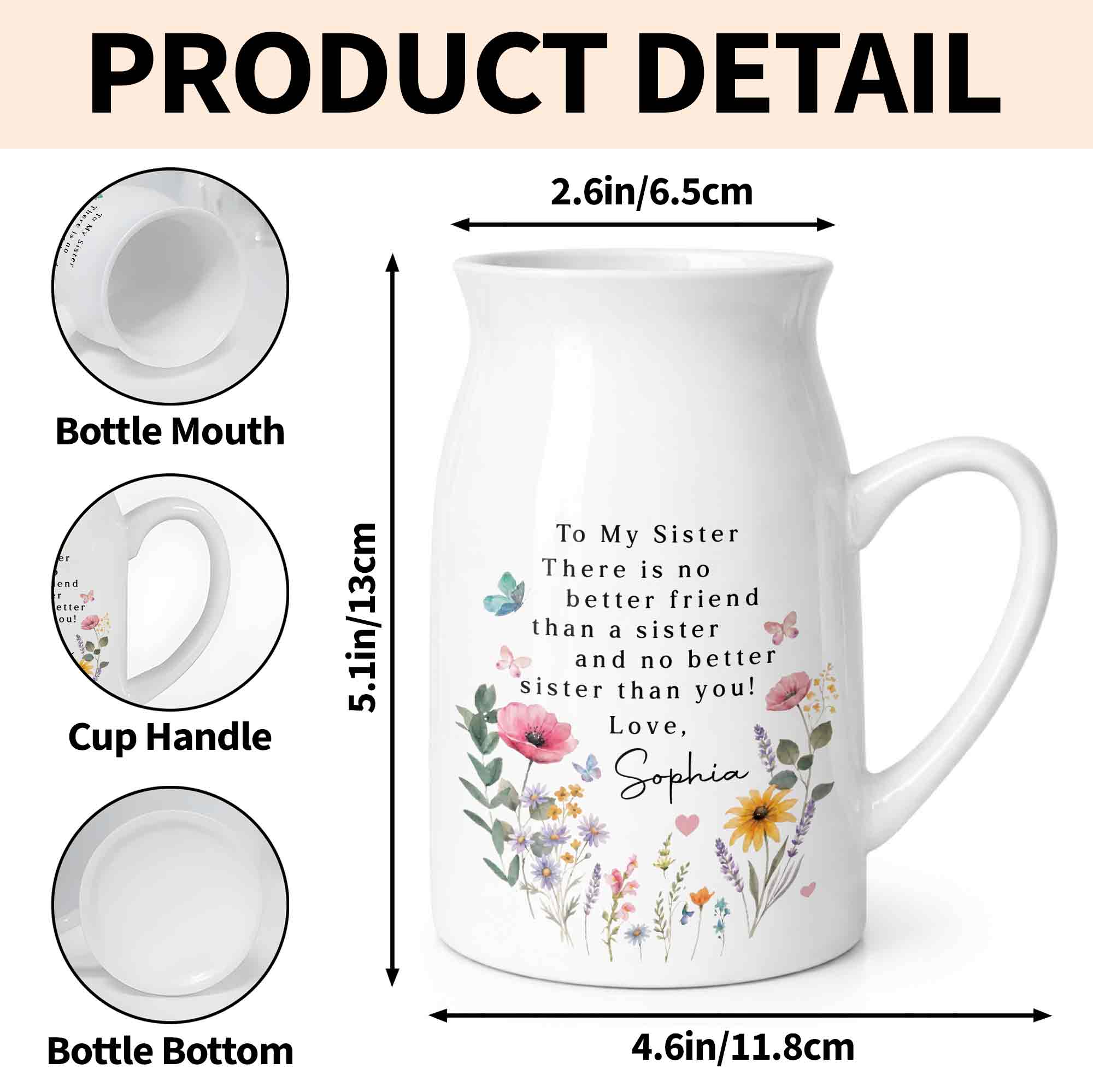 To My Sister No Better Friend Floral Butterfly - Personalized Ceramic Flower Vase